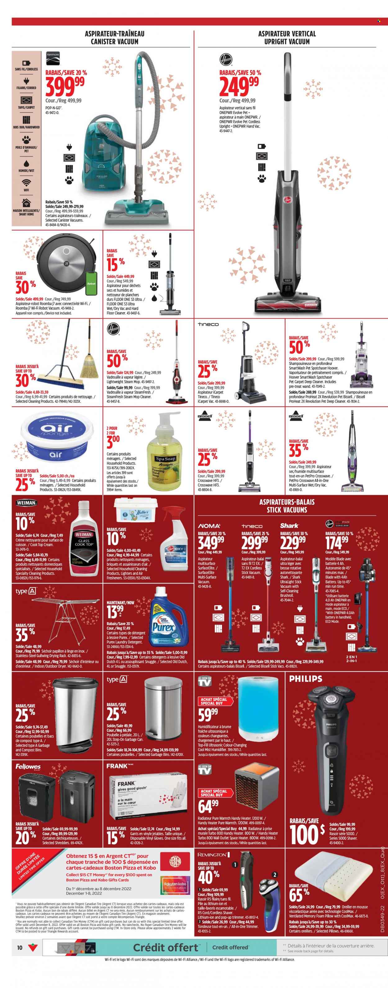 thumbnail - Canadian Tire Flyer - December 01, 2022 - December 07, 2022 - Sales products - cleaner, floor cleaner, Snuggle, laundry detergent, Purex, drying rack, mop, paper, air freshener, pillow, foam pillow, Bissell, Roomba, vacuum cleaner, robot vacuum, steam cleaner, trimmer, shaver, humidifier, heater, shredder, briquettes, compost, detergent. Page 14.