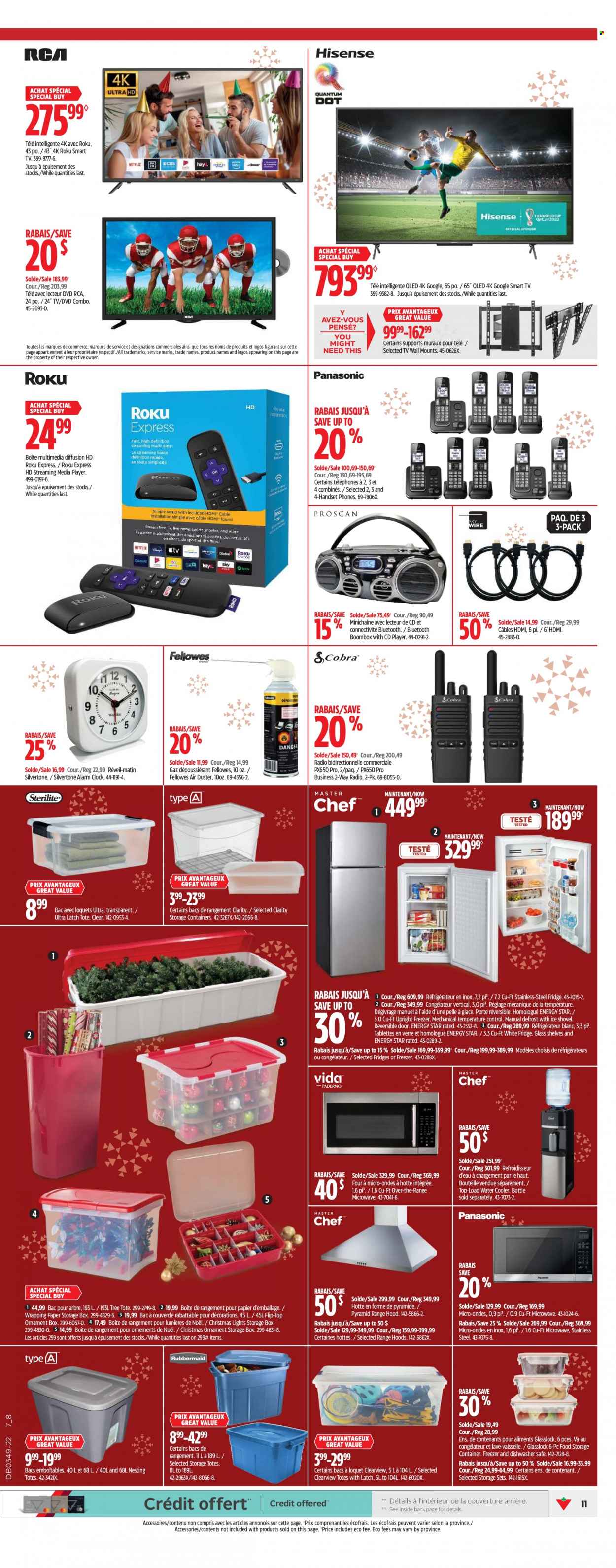 thumbnail - Canadian Tire Flyer - December 01, 2022 - December 07, 2022 - Sales products - air duster, clock, alarm clock, container, wrapping paper, deco strips, DVD, alarm, TV, media player, RCA, streaming media player, freezer, refrigerator, upright freezer, fridge, microwave, christmas ornament, tote, christmas lights, reversible door, shovel, radio, smart tv. Page 15.