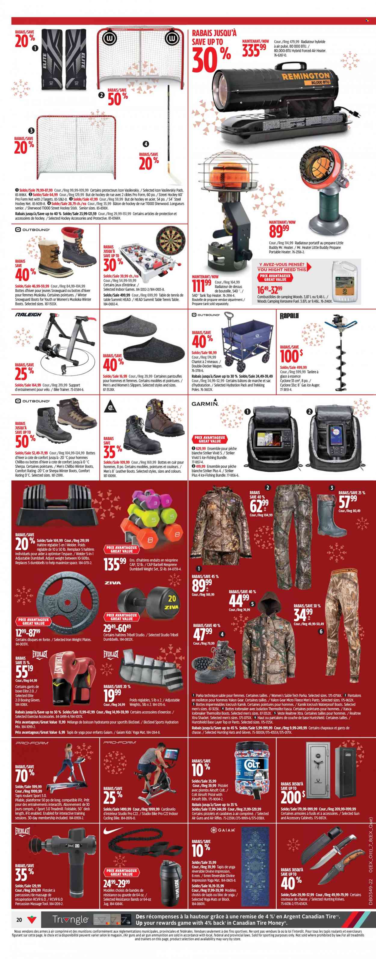 thumbnail - Canadian Tire Flyer - December 01, 2022 - December 07, 2022 - Sales products - XTRA, knife, plate, percussion instrument, tank, iron, table, shacket, boots, slippers, winter boots, Itasca, trainers, treadmill, dumbbell, yoga mat, boxing bag gloves, table tennis table, neoprene, rifle, gun, pistol, wagon, heater, ice auger, propane tank, kerosene, parka. Page 24.