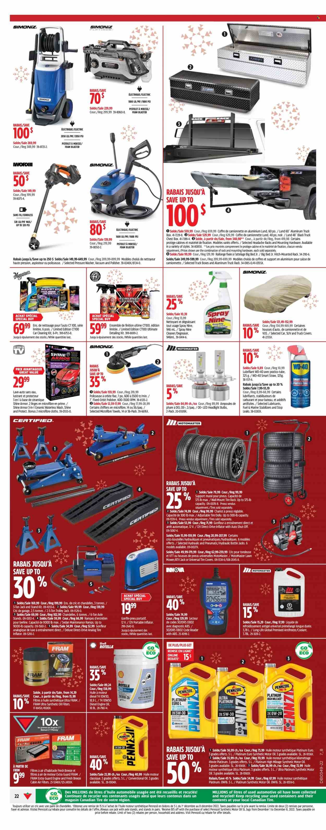 thumbnail - Canadian Tire Flyer - December 01, 2022 - December 07, 2022 - Sales products - cleaner, microfiber towel, trolley, straw, bulb, towel, bed, inflator, lawn mower, pressure washer, WD-40, air filter, tire inflator, oil filter, cabin filter, truck box, antifreeze, degreaser, motor oil, conventional oil, Pennzoil. Page 26.
