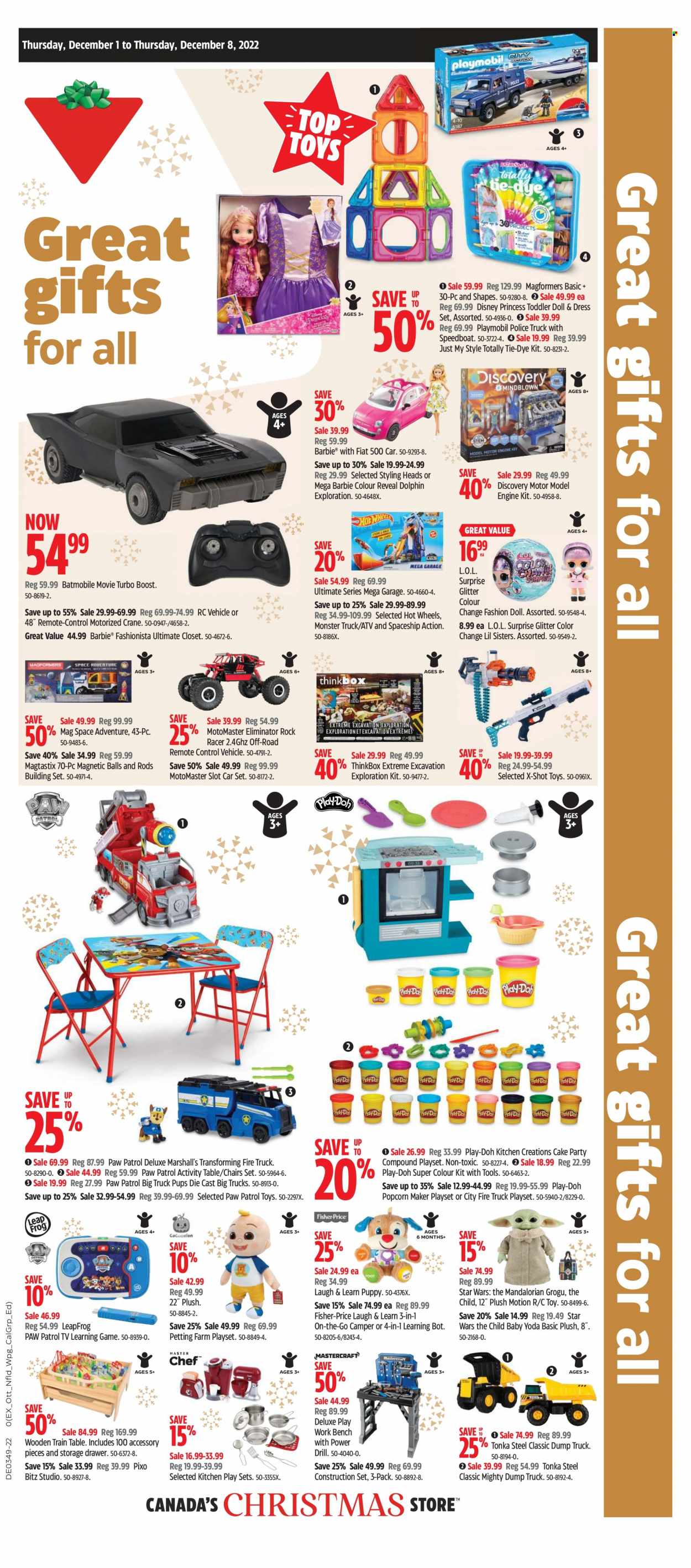 thumbnail - Canadian Tire Flyer - December 01, 2022 - December 08, 2022 - Sales products - chair, Disney, Hot Wheels, Barbie, glitter, TV, Marshall, remote control, table, work bench, bench, closet system, building set, doll, LeapFrog, play set, Paw Patrol, toys, vehicle, Fisher-Price, train, princess, L.O.L. Surprise, Magformers, drill, Play-doh, Playmobil. Page 2.