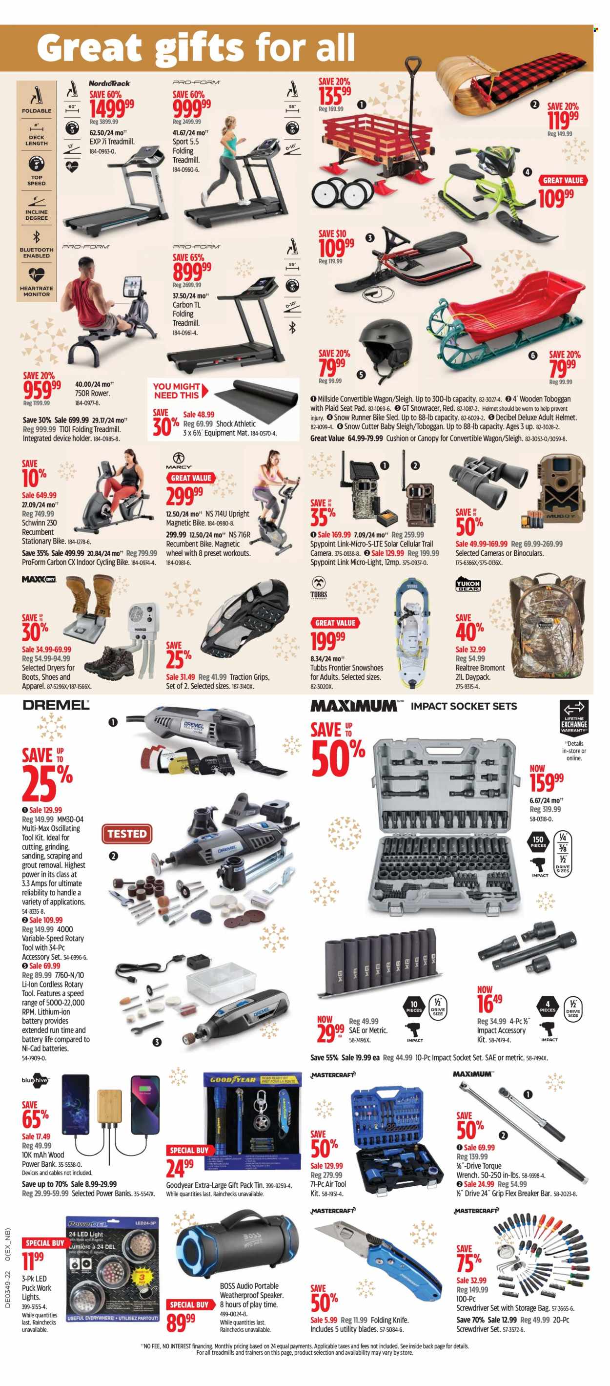 thumbnail - Canadian Tire Flyer - December 01, 2022 - December 08, 2022 - Sales products - knife, cutter, cushion, power bank, trail cam, speaker, boots, shoes, trainers, treadmill, ProForm, helmet, binoculars, folding knife, wagon, screwdriver, socket set, tool set, screwdriver set, torque wrench, Goodyear, camera. Page 4.