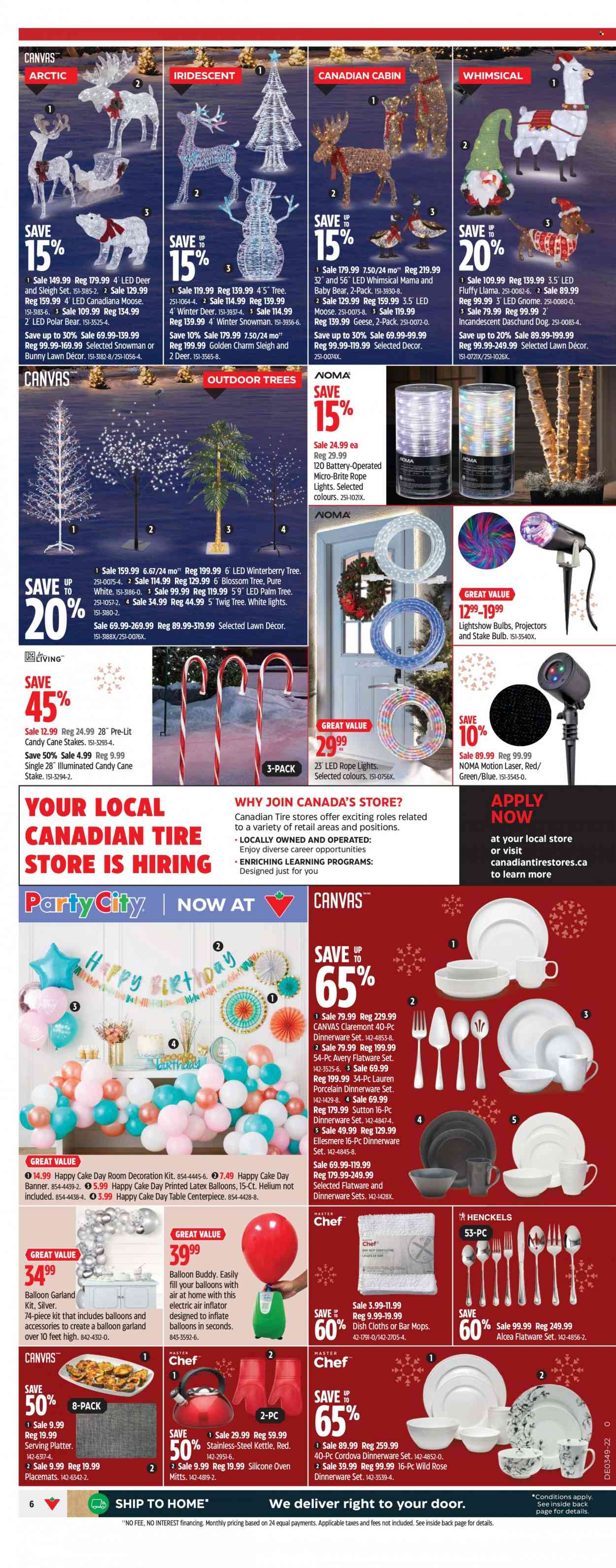 thumbnail - Canadian Tire Flyer - December 01, 2022 - December 08, 2022 - Sales products - dinnerware set, flatware, flatware set, oven mitt, canvas, balloons, bulb, placemat, dish towel, oven, kettle, table, garland, inflator, rose. Page 10.