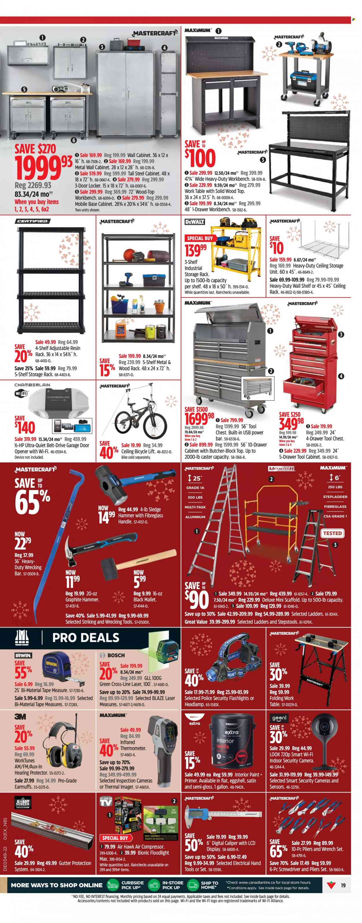 thumbnail - Canadian Tire Flyer - December 01, 2022 - December 08, 2022 - Sales products - thermometer, storage box, security camera, Hewlett Packard, cabinet, wall cabinet, table, work bench, drawer cabinet, wall shelf, hammer, stepladder, paint, floodlight, door opener, garage door opener, screwdriver, wrench, pliers, wrench set, tool chest, hand tools, air compressor, measuring tape, earmuffs, belt, tool cabinets, camera. Page 23.