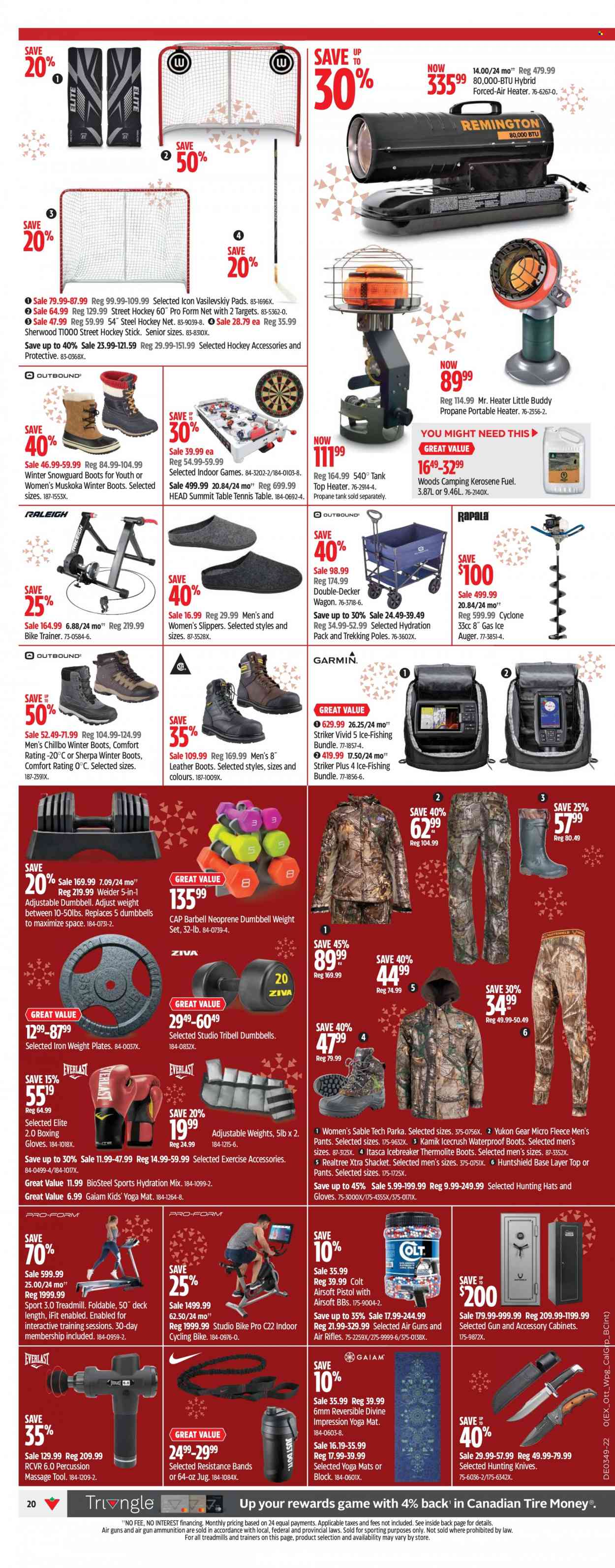 thumbnail - Canadian Tire Flyer - December 01, 2022 - December 08, 2022 - Sales products - XTRA, knife, plate, percussion instrument, tank, iron, table, shacket, boots, slippers, winter boots, Itasca, trainers, treadmill, dumbbell, yoga mat, boxing bag gloves, table tennis table, neoprene, rifle, gun, pistol, wagon, heater, ice auger, propane tank, kerosene, parka. Page 24.