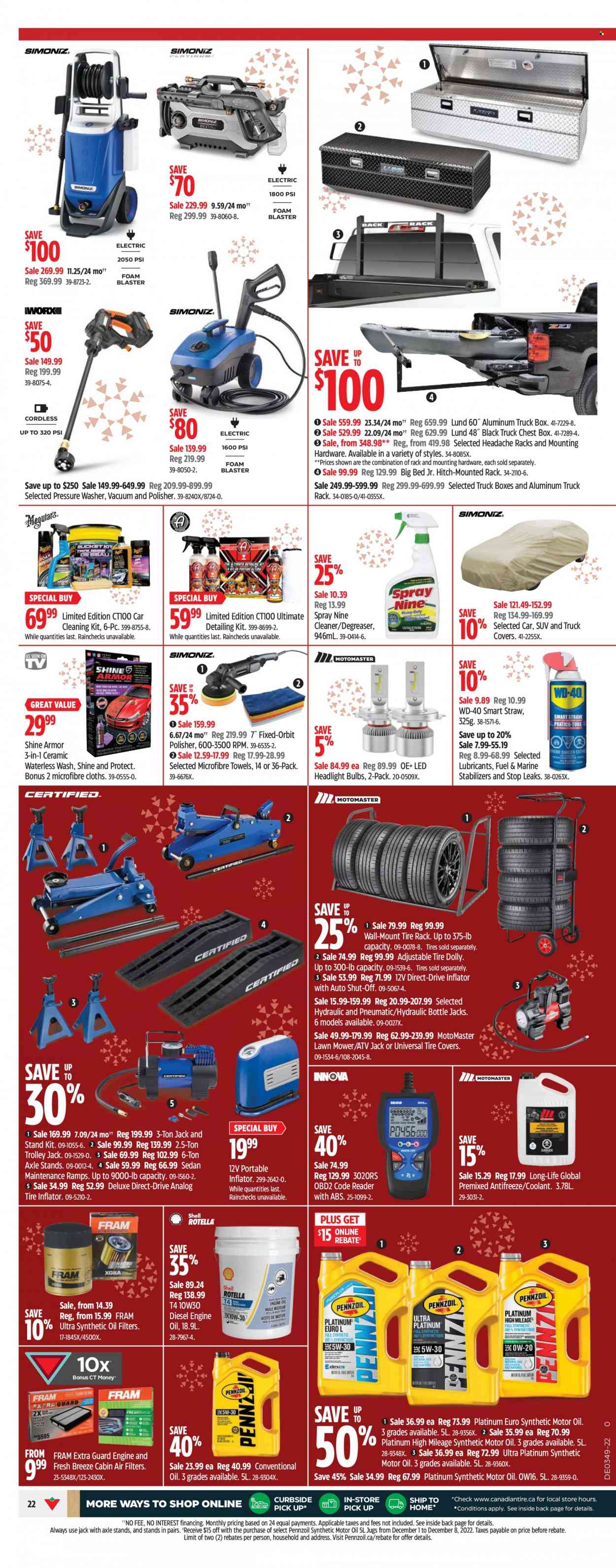 thumbnail - Canadian Tire Flyer - December 01, 2022 - December 08, 2022 - Sales products - cleaner, microfiber towel, trolley, straw, bulb, towel, bed, inflator, lawn mower, pressure washer, WD-40, air filter, tire inflator, oil filter, cabin filter, truck box, antifreeze, degreaser, motor oil, conventional oil, Pennzoil. Page 26.