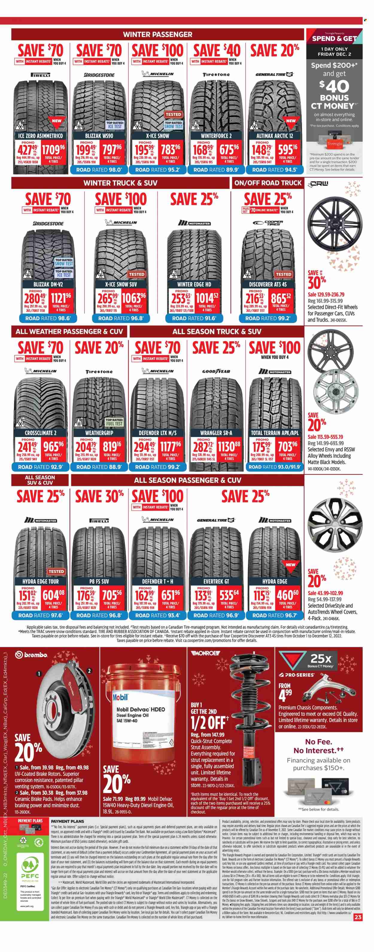 thumbnail - Canadian Tire Flyer - December 01, 2022 - December 08, 2022 - Sales products - eraser, paper, shovel, brake pad, brake rotors, Mobil, motor oil, wheel covers. Page 27.