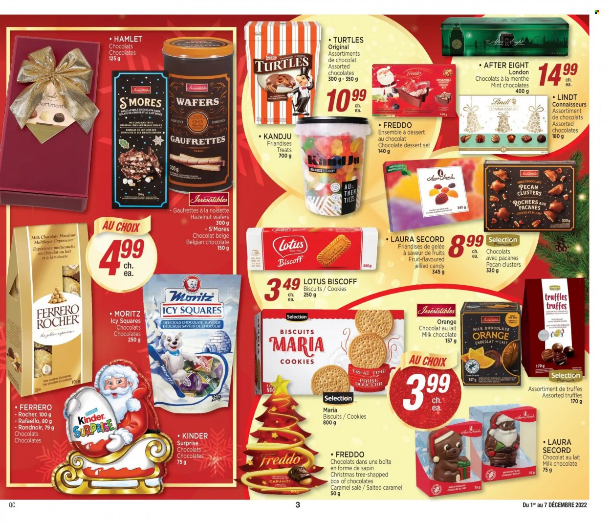thumbnail - Jean Coutu Flyer - December 01, 2022 - December 07, 2022 - Sales products - cookies, marshmallows, milk chocolate, wafers, chocolate, Kinder Surprise, truffles, biscuit, After Eight, Lotus, Nestlé, Lindt, Ferrero Rocher. Page 3.