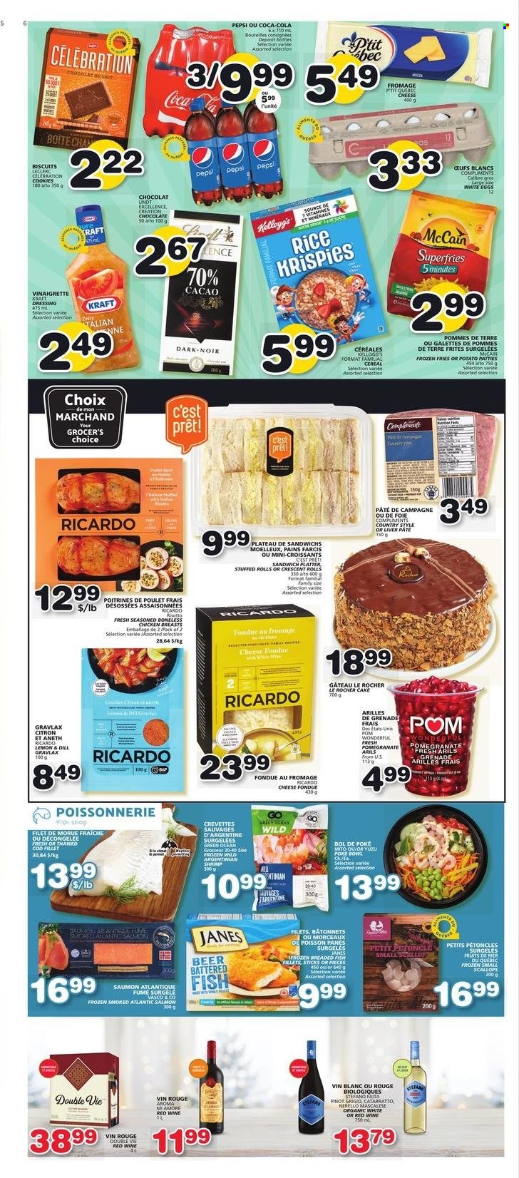 thumbnail - Les Marchés Tradition Flyer - December 01, 2022 - December 07, 2022 - Sales products - cake, croissant, crescent rolls, pomegranate, cod, fish fillets, salmon, scallops, fish, shrimps, sandwich, breaded fish, Kraft®, stuffed chicken, eggs, McCain, potato fries, cookies, chocolate, Celebration, Kellogg's, biscuit, cereals, Rice Krispies, dill, vinaigrette dressing, dressing, Coca-Cola, Pepsi, red wine, white wine, Pinot Grigio, beer. Page 5.