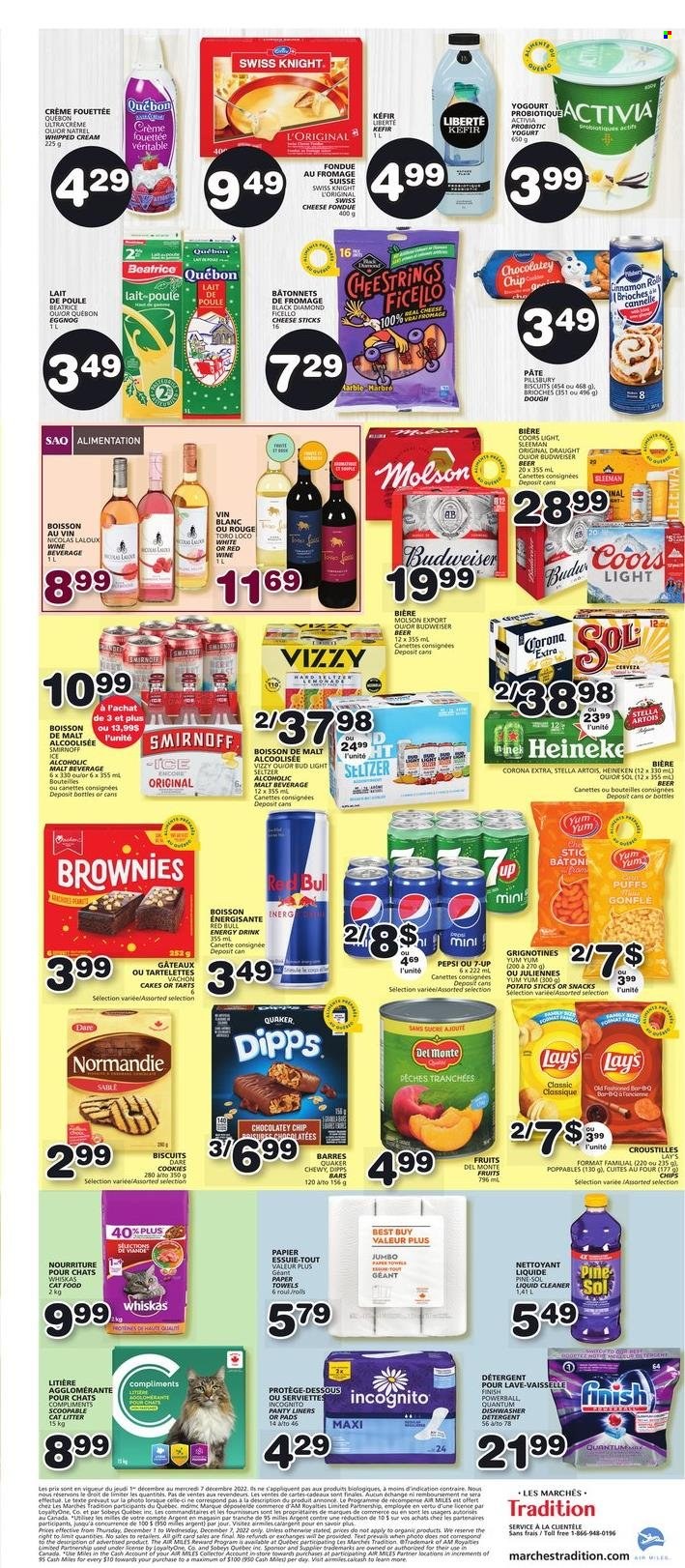 thumbnail - Les Marchés Tradition Flyer - December 01, 2022 - December 07, 2022 - Sales products - cake, puffs, brownies, pears, Pillsbury, Quaker, string cheese, swiss cheese, cheese, yoghurt, probiotic yoghurt, Activia, kefir, whipped cream, cheese sticks, cookies, biscuit, chips, Lay’s, malt, Del Monte, lemonade, Pepsi, energy drink, 7UP, Red Bull, red wine, wine, eggnog, Smirnoff, Hard Seltzer, beer, Bud Light, Corona Extra, Heineken, Sol, kitchen towels, paper towels, cleaner, liquid cleaner, Finish Powerball, animal food, cat food, Budweiser, detergent, Stella Artois, Whiskas, Coors. Page 6.