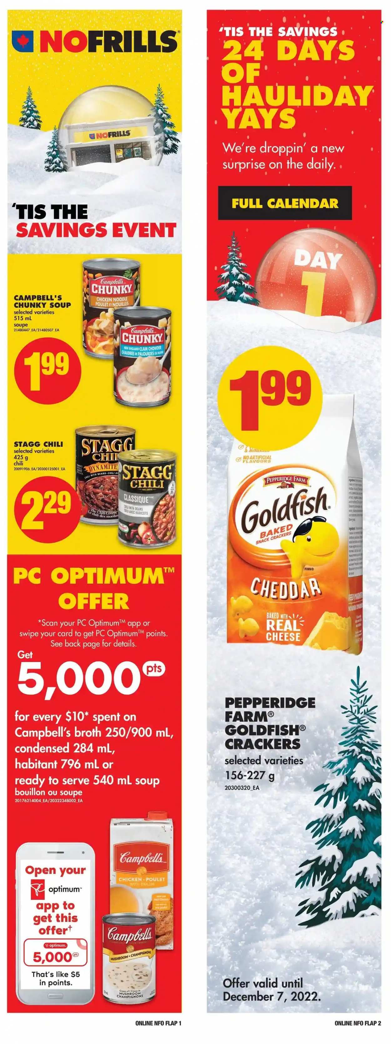 thumbnail - No Frills Flyer - December 01, 2022 - December 07, 2022 - Sales products - mushrooms, Campbell's, soup, noodles, snack, crackers, Goldfish, bouillon, broth, clam chowder, calendar, Optimum. Page 10.