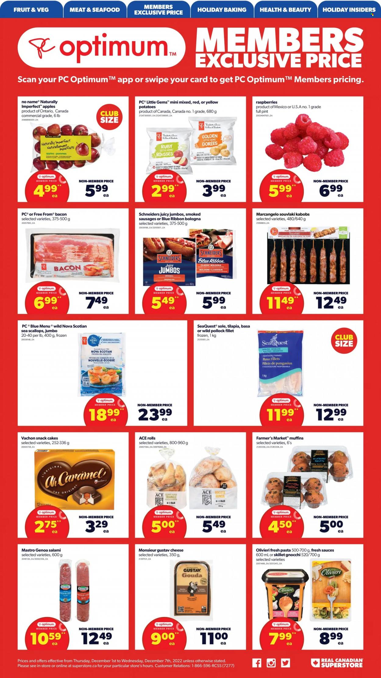 thumbnail - Real Canadian Superstore Flyer - December 01, 2022 - December 07, 2022 - Sales products - cake, Blue Ribbon, focaccia, muffin, potatoes, apples, scallops, tilapia, pollock, pangasius, seafood, No Name, salami, bologna sausage, sausage, gouda, cheese, Président, snack, rosemary, caramel, wine, rosé wine, pork loin, Optimum, gnocchi. Page 8.