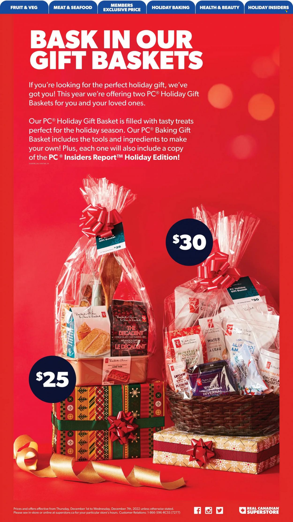 thumbnail - Real Canadian Superstore Flyer - December 01, 2022 - December 07, 2022 - Sales products - cake, chocolate cake, seafood, Président, milk, chocolate, baking mix, basket, pan. Page 10.