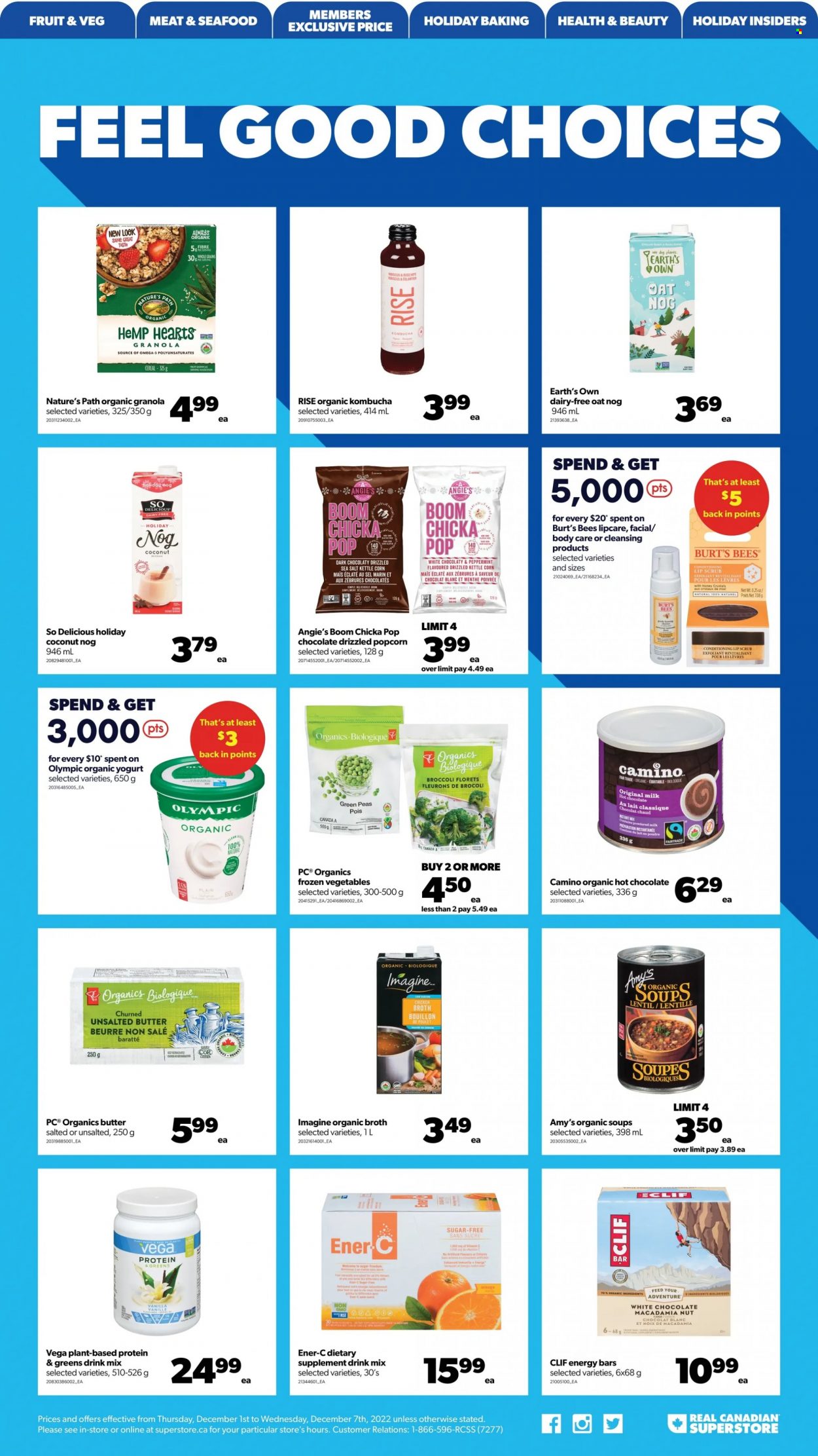 thumbnail - Real Canadian Superstore Flyer - December 01, 2022 - December 07, 2022 - Sales products - coconut, oranges, seafood, yoghurt, organic yoghurt, frozen vegetables, white chocolate, kettle corn, popcorn, bouillon, sugar, powdered milk, chicken broth, oats, broth, cereals, energy bar, kombucha, hot chocolate, vitamin c, dietary supplement, granola. Page 18.