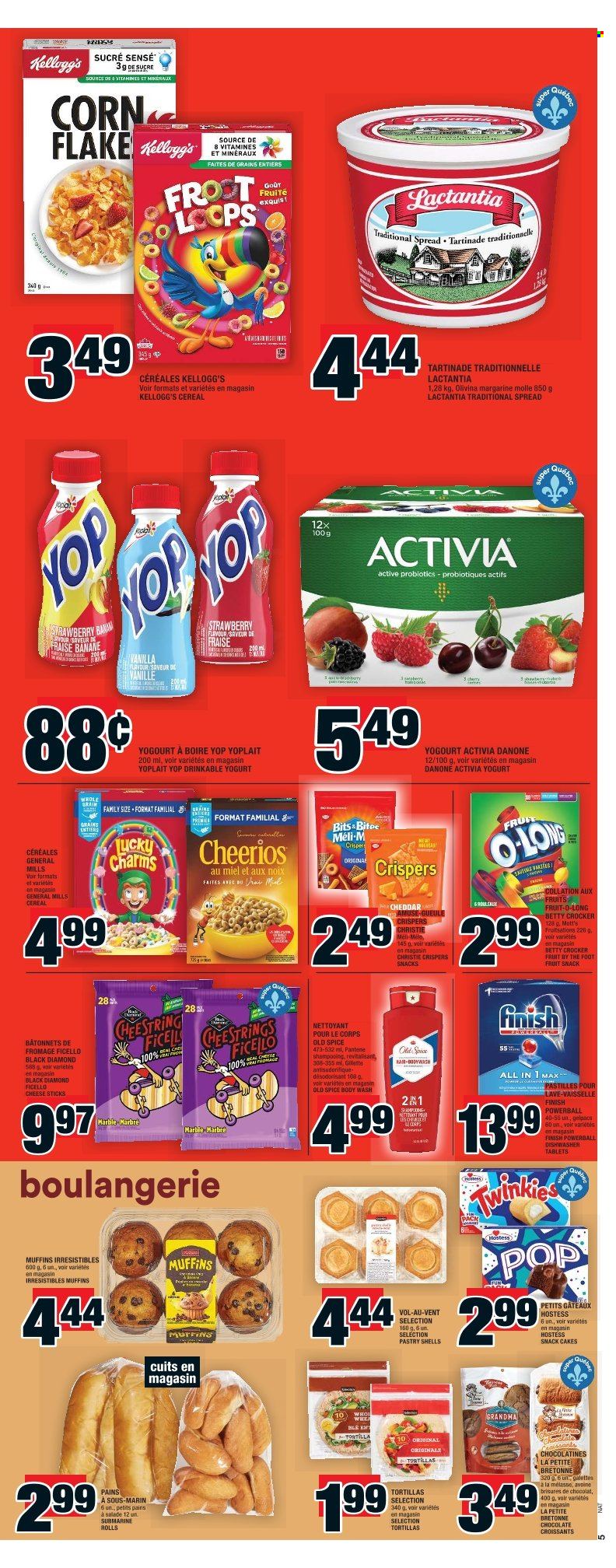 thumbnail - Super C Flyer - December 01, 2022 - December 07, 2022 - Sales products - tortillas, cake, croissant, muffin, corn, cherries, Mott's, string cheese, cheddar, cheese, yoghurt, Activia, Yoplait, margarine, cheese sticks, chocolate, snack, Kellogg's, pastilles, fruit snack, cereals, Cheerios, spice, dishwasher cleaner, Finish Powerball, dishwasher tablets, body wash, Gillette, probiotics, Pantene, Old Spice, Danone. Page 6.