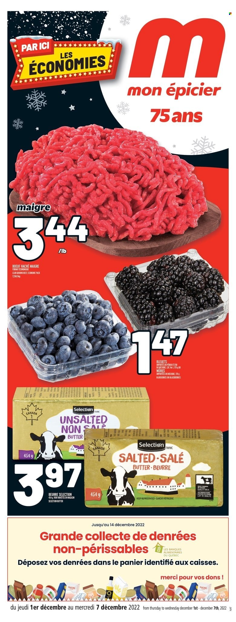 thumbnail - Metro Flyer - December 01, 2022 - December 07, 2022 - Sales products - blackberries, blueberries, butter, Merci, beef meat, ground beef. Page 1.