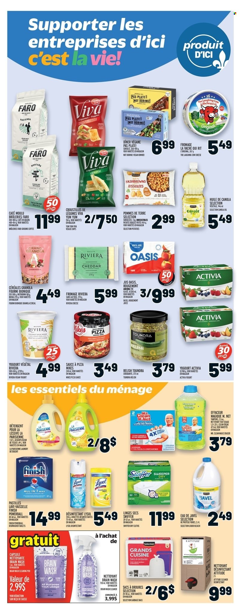 thumbnail - Metro Flyer - December 01, 2022 - December 07, 2022 - Sales products - potatoes, sauce, The Laughing Cow, yoghurt, Activia, hash browns, pastilles, chips, coconut milk, cereals, canola oil, oil, juice, AriZona, coffee, ground coffee, cleaner, bleach, Lysol, Swiffer, laundry detergent, dishwasher cleaner, Finish Powerball, dishwasher tablets, tampons, plate, eraser, detergent, granola, desinfection. Page 17.