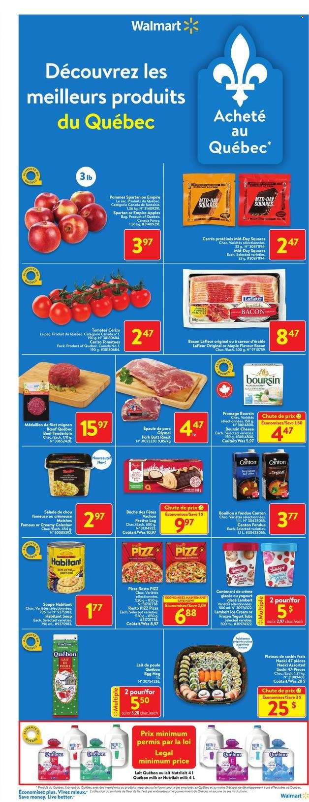 thumbnail - Walmart Flyer - December 01, 2022 - December 07, 2022 - Sales products - apples, pizza, soup, bacon, yoghurt, milk, eggs, bouillon, beef meat, beef tenderloin. Page 4.