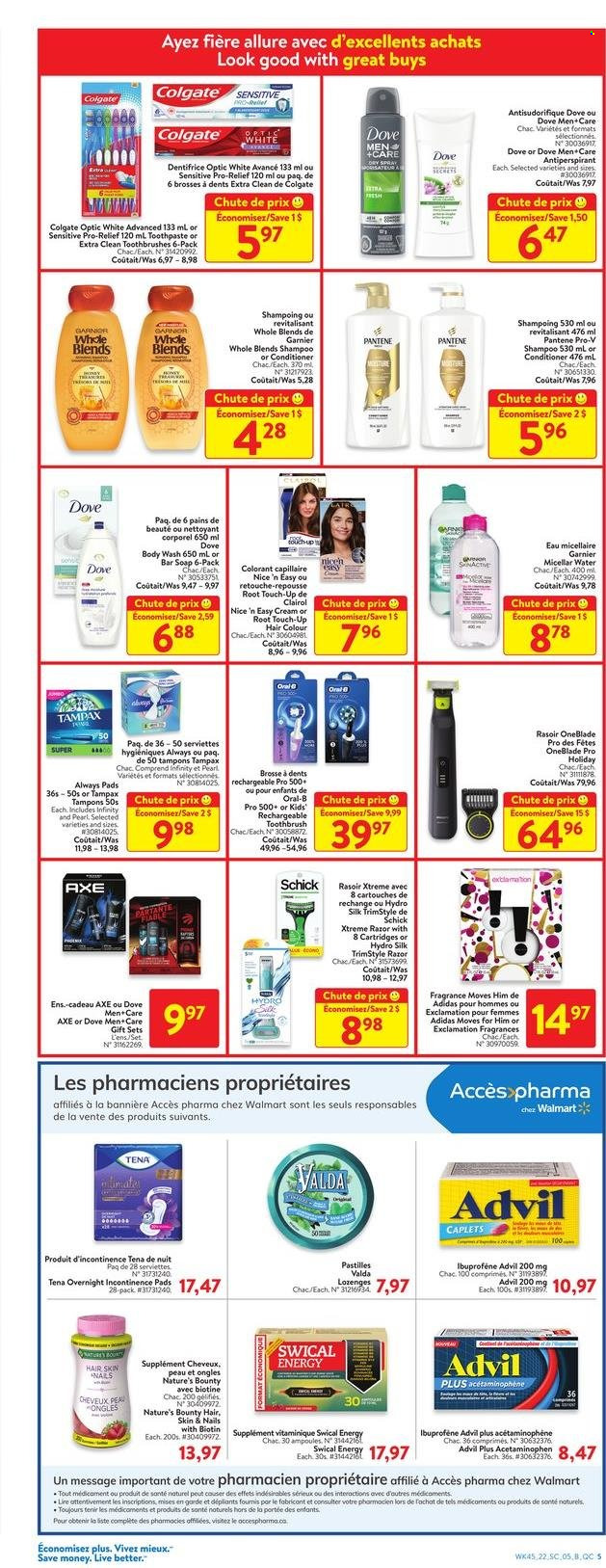 thumbnail - Walmart Flyer - December 01, 2022 - December 07, 2022 - Sales products - Silk, Dove, pastilles, body wash, soap bar, soap, toothbrush, toothpaste, Always pads, tampons, micellar water, Infinity, Root Touch-Up, Clairol, conditioner, hair color, anti-perspirant, fragrance, Axe, Schick, Biotin, Nature's Bounty, Advil Rapid, Adidas, Colgate, Garnier, shampoo, Tampax, Pantene, Oral-B. Page 8.