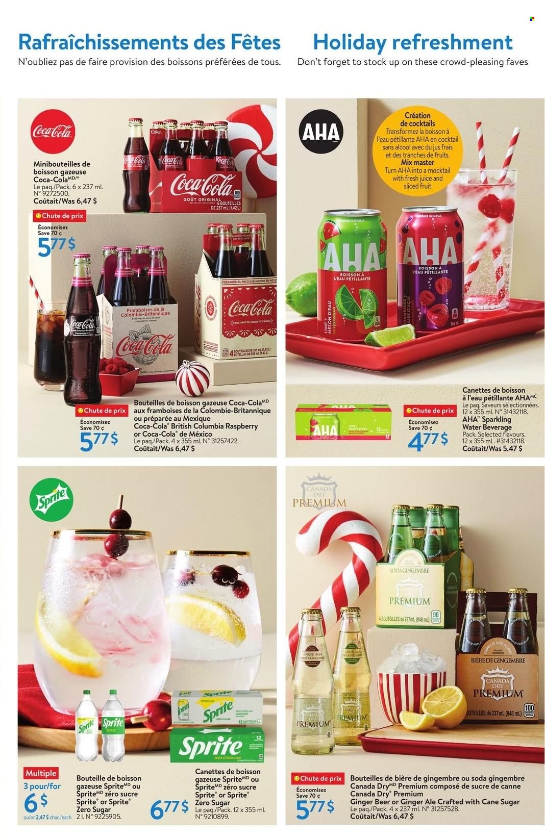 thumbnail - Walmart Flyer - December 01, 2022 - December 28, 2022 - Sales products - melons, cane sugar, Canada Dry, Coca-Cola, ginger ale, Sprite, juice, soda, sparkling water, beer, Columbia, ginger beer. Page 7.