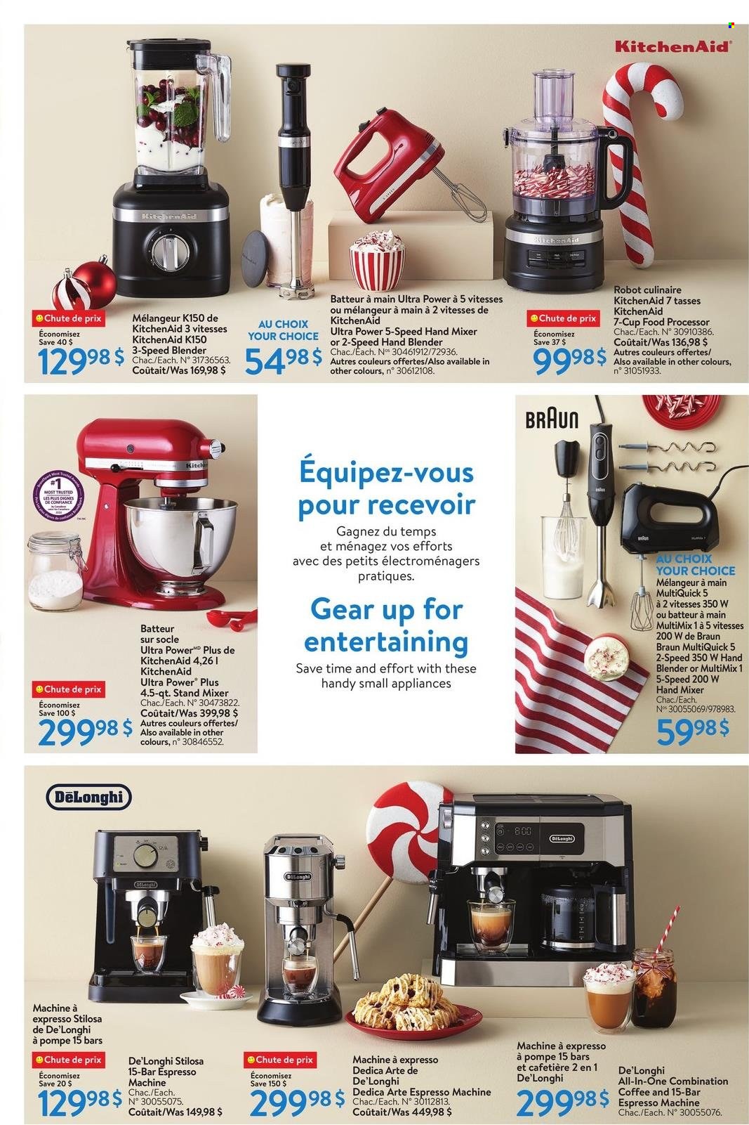 thumbnail - Walmart Flyer - December 01, 2022 - December 28, 2022 - Sales products - KitchenAid, cup, coffee machine, De'Longhi, espresso maker, mixer, stand mixer, hand mixer, food processor, hand blender, Braun, robot. Page 9.
