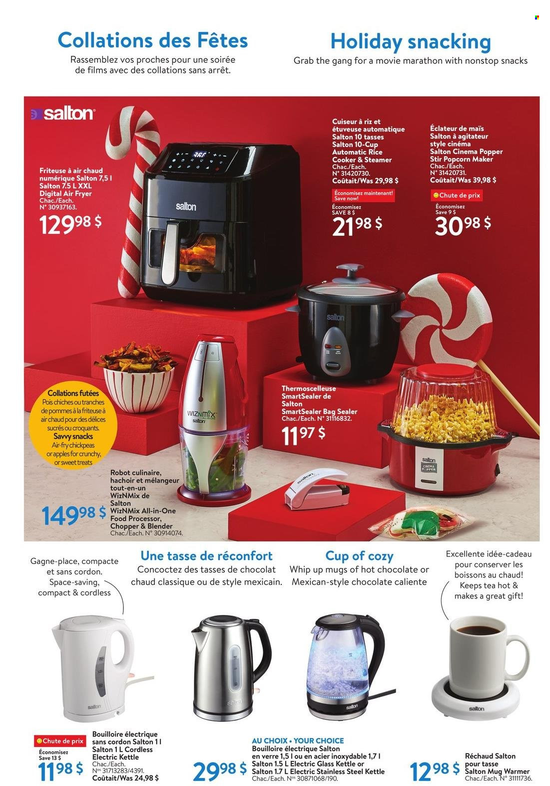 thumbnail - Walmart Flyer - December 01, 2022 - December 28, 2022 - Sales products - apples, snack, chickpeas, hot chocolate, tea, mug, rice cooker, cup, handy chopper, air fryer, food processor, blender, robot. Page 17.