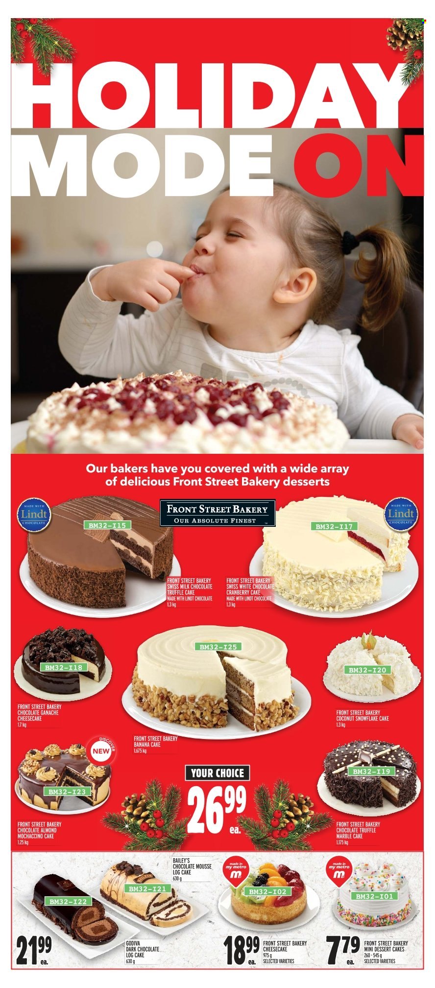 thumbnail - Metro Flyer - December 01, 2022 - December 07, 2022 - Sales products - cake, cheesecake, coconut, milk chocolate, chocolate, truffles, Godiva, dark chocolate, Baileys, Absolute, Bakers, Lindt. Page 5.