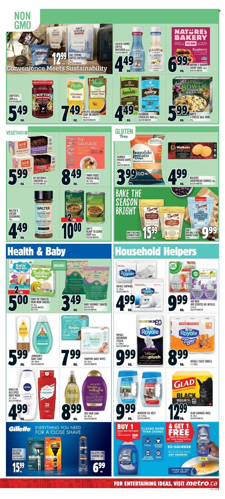 thumbnail - Metro Flyer - December 01, 2022 - December 07, 2022 - Sales products - ginger, soup, sausage, cookies, snack, crackers, chocolate bar, potato chips, cocoa, flour, salt, broth, almond flour, spice, fruit jam, coffee capsules, wipes, baby wipes, napkins, Johnson's, Nivea, bath tissue, Rin, dishwasher cleaner, body wash, Gillette, OGX, Mum, bag, pot, bowl, Air Wick, scented oil, essential oils, towel, rose, Biotin, argan oil, detergent, shampoo, Pampers, Old Spice. Page 8.