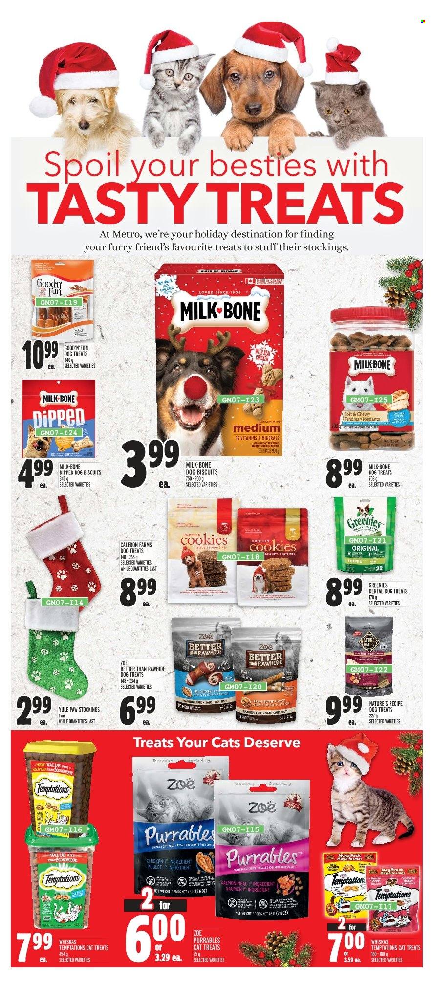 thumbnail - Metro Flyer - December 01, 2022 - December 07, 2022 - Sales products - salmon, milk, butter, cookies, Zoe, Greenies, animal treats, dog food, dog biscuits, Good 'n' Fun, Whiskas. Page 9.