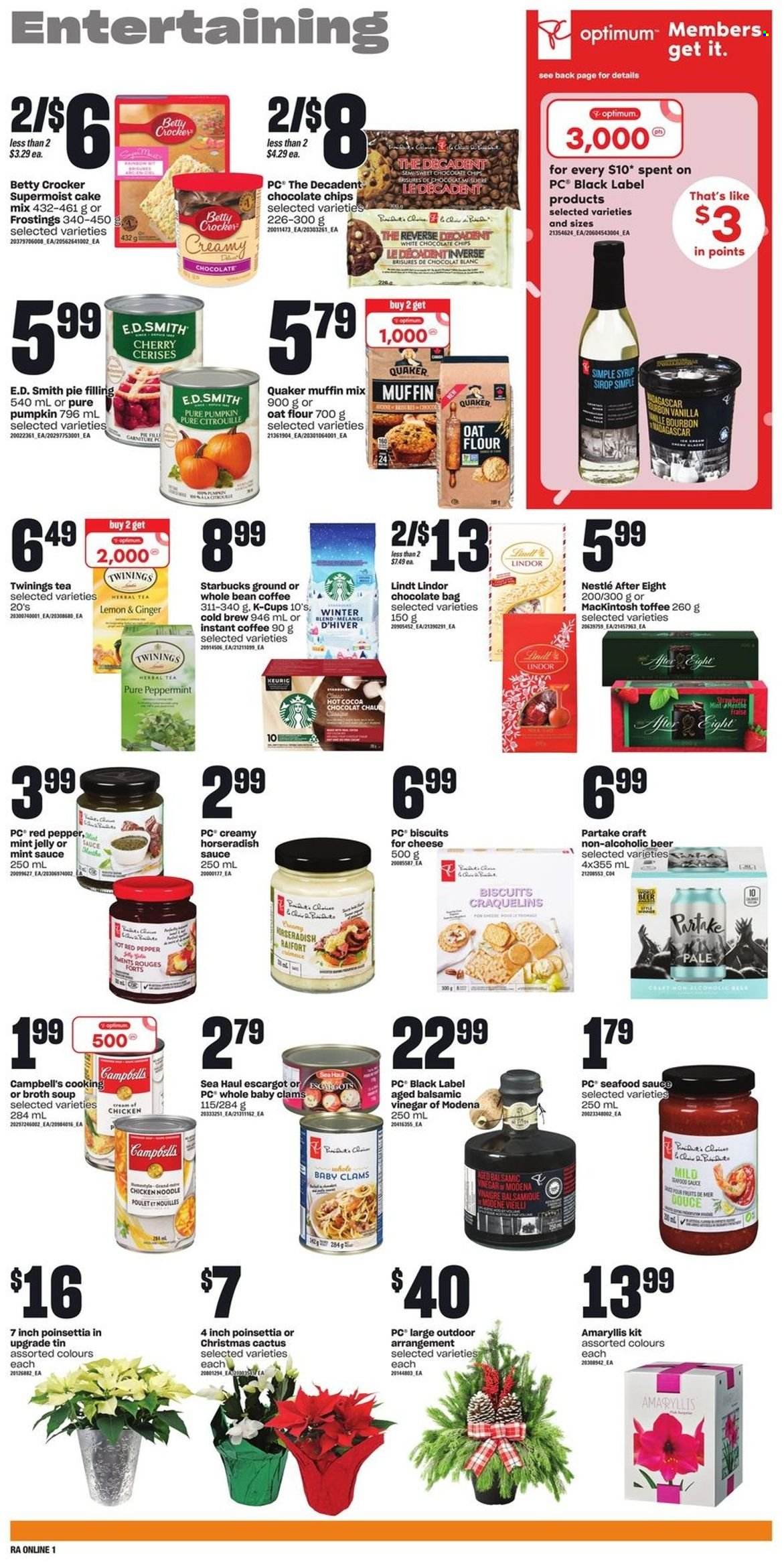 thumbnail - Atlantic Superstore Flyer - December 01, 2022 - December 07, 2022 - Sales products - cake mix, muffin mix, horseradish, pumpkin, cherries, clams, seafood, Campbell's, soup, sauce, Quaker, noodles, cheese, toffee, jelly, biscuit, After Eight, flour, pie filling, oats, broth, mint jelly, balsamic vinegar, syrup, hot cocoa, tea, herbal tea, Twinings, coffee, instant coffee, coffee capsules, K-Cups, bourbon, beer, Optimum, poinsettia, cactus, Nestlé, Lindt, Lindor. Page 5.