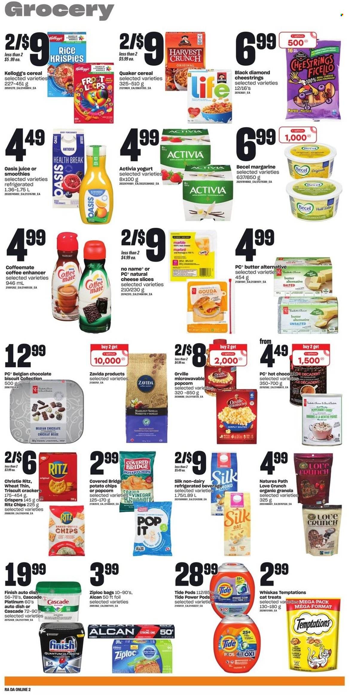 thumbnail - Atlantic Superstore Flyer - December 01, 2022 - December 07, 2022 - Sales products - No Name, Quaker, gouda, sliced cheese, string cheese, cheese, yoghurt, Activia, Coffee-Mate, Silk, margarine, chocolate, crackers, Kellogg's, biscuit, RITZ, potato chips, chips, popcorn, cereals, Rice Krispies, juice, Tide, Cascade, Finish Powerball, Finish Quantum Ultimate, bag, Ziploc, Optimum, granola, Whiskas. Page 6.