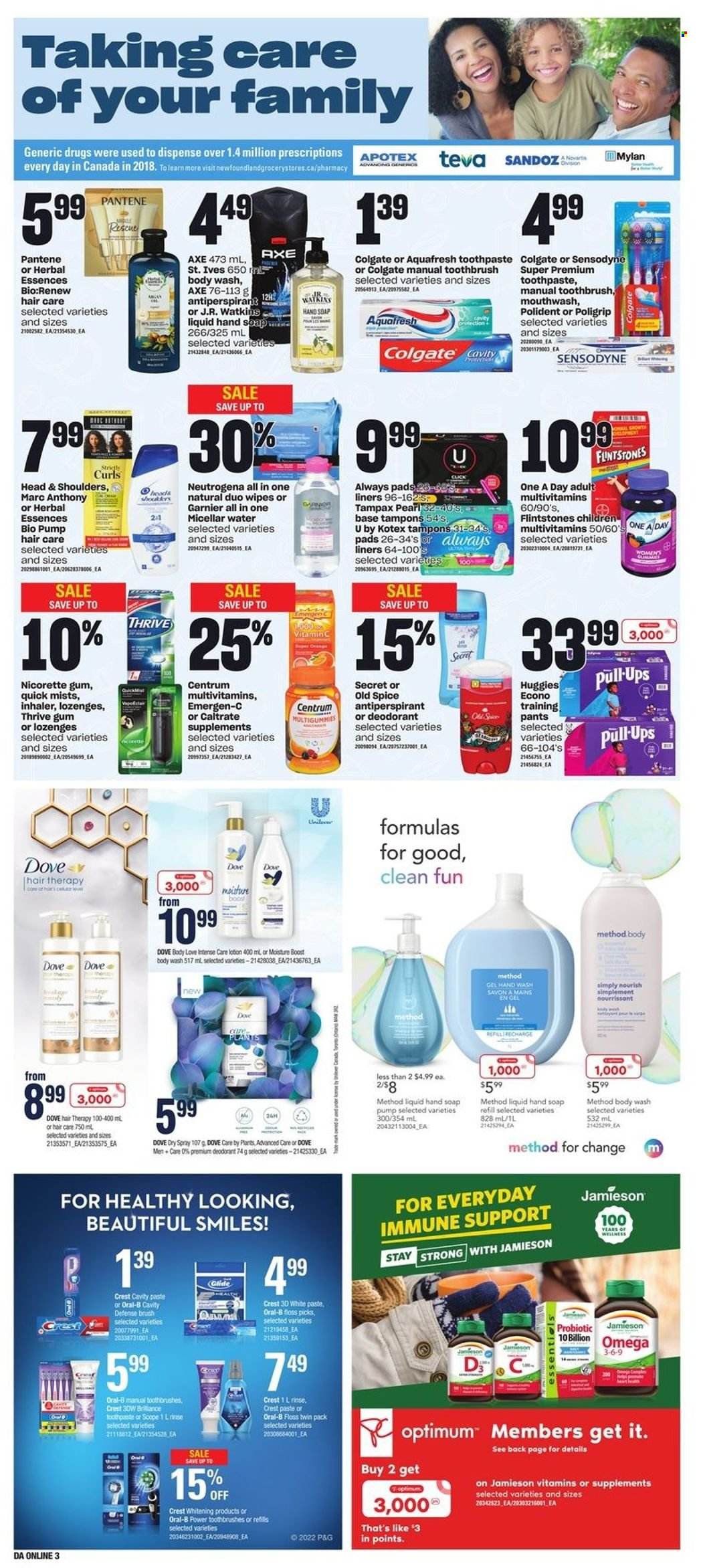 thumbnail - Atlantic Superstore Flyer - December 01, 2022 - December 07, 2022 - Sales products - Dove, spice, Boost, wipes, pants, baby pants, Always liners, body wash, hand soap, hand wash, soap, toothbrush, toothpaste, mouthwash, Polident, Crest, Always pads, Kotex, tampons, micellar water, Herbal Essences, body lotion, anti-perspirant, Axe, Optimum, multivitamin, Nicorette, vitamin c, Omega-3, Emergen-C, Nicorette Gum, Centrum, Colgate, Garnier, Neutrogena, Tampax, Head & Shoulders, Huggies, Pantene, Old Spice, Oral-B, Sensodyne, deodorant. Page 7.