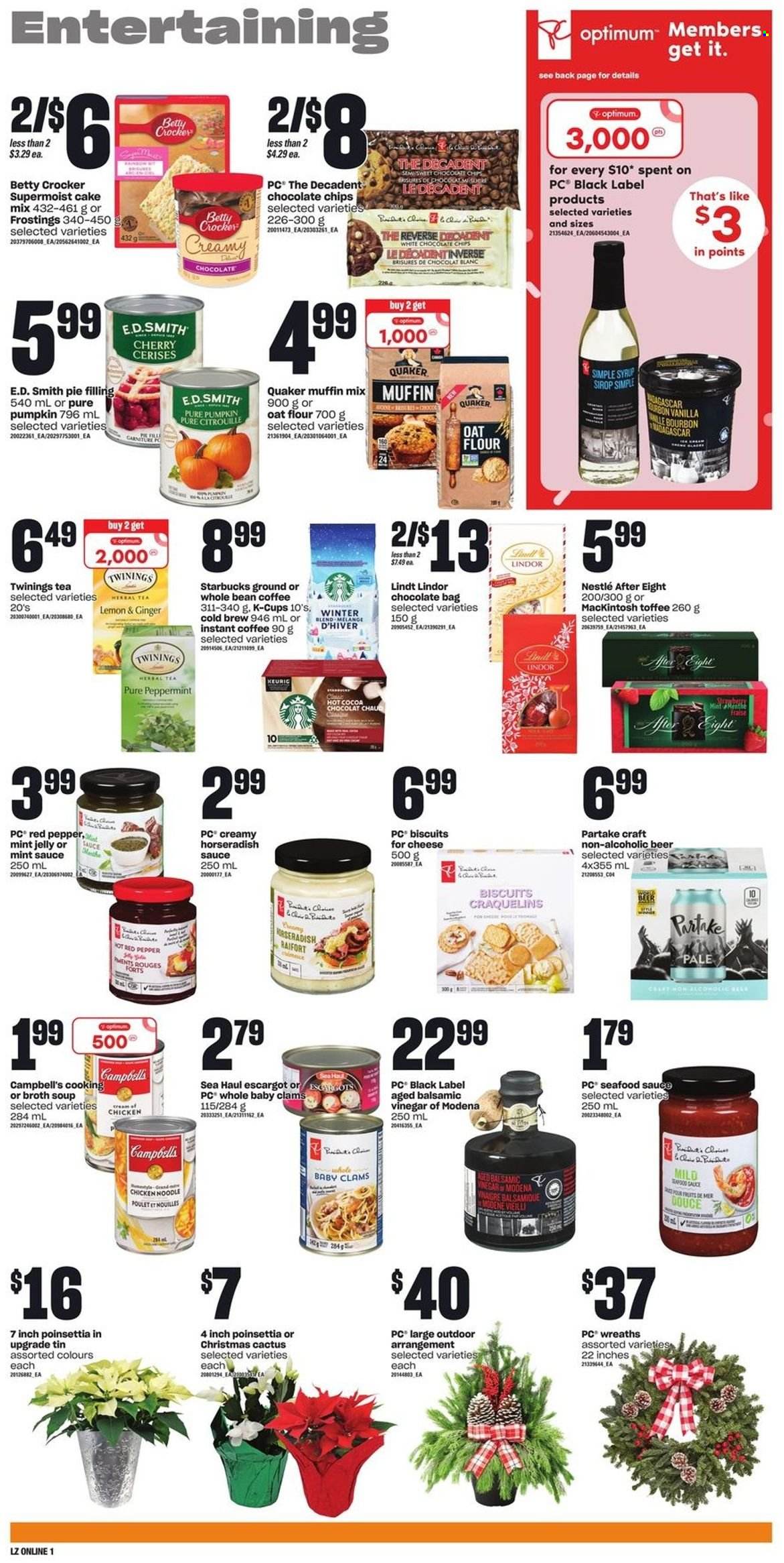 thumbnail - Loblaws Flyer - December 01, 2022 - December 07, 2022 - Sales products - cake mix, muffin mix, horseradish, pumpkin, cherries, clams, seafood, Campbell's, soup, sauce, Quaker, noodles, cheese, toffee, jelly, biscuit, After Eight, flour, pie filling, oats, broth, mint jelly, balsamic vinegar, syrup, hot cocoa, tea, herbal tea, Twinings, coffee, instant coffee, coffee capsules, K-Cups, bourbon, beer, Optimum, chair, poinsettia, cactus, Nestlé, Lindt, Lindor. Page 5.