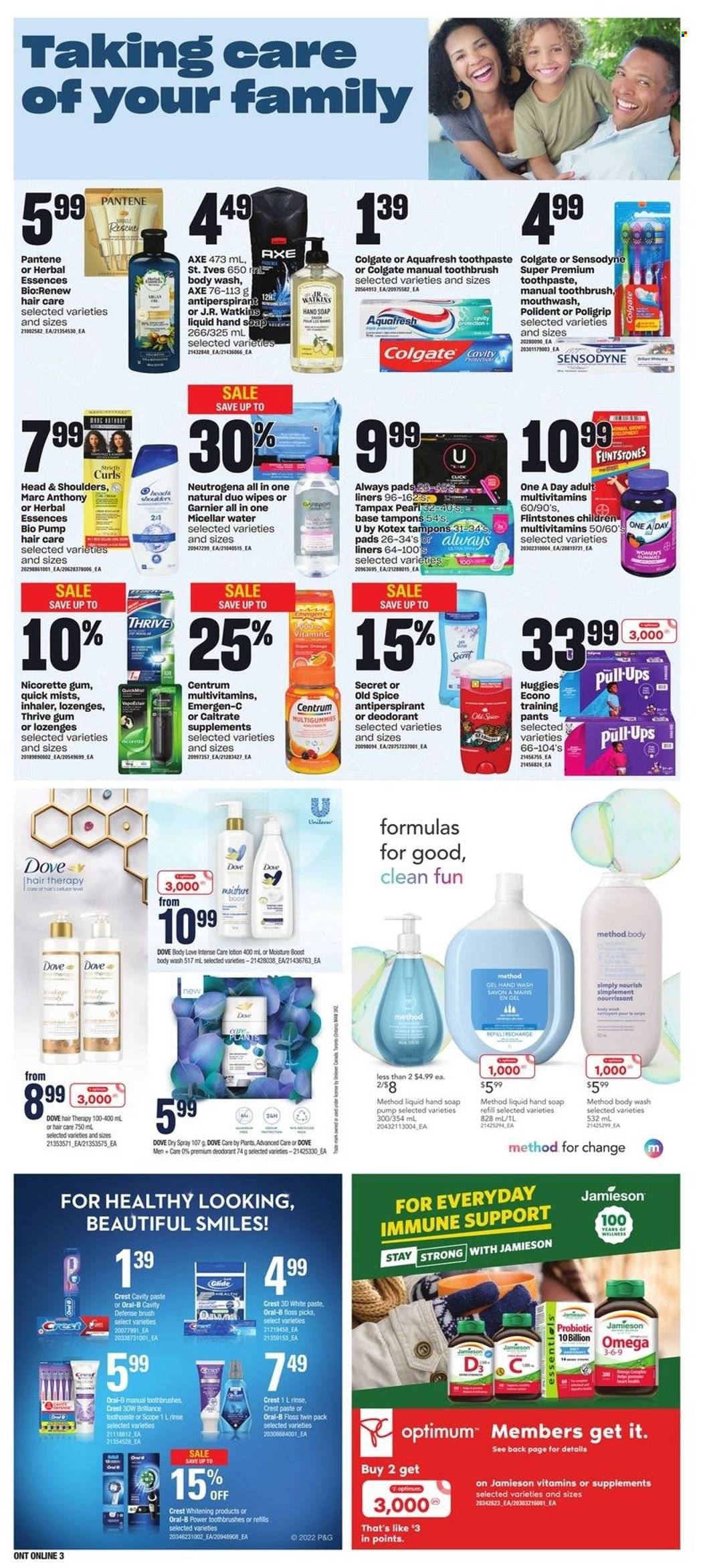 thumbnail - Loblaws Flyer - December 01, 2022 - December 07, 2022 - Sales products - Dove, spice, Boost, wipes, pants, baby pants, Always liners, body wash, hand soap, hand wash, soap, toothbrush, toothpaste, mouthwash, Polident, Crest, Always pads, Kotex, tampons, micellar water, Herbal Essences, body lotion, anti-perspirant, Axe, Optimum, multivitamin, Nicorette, vitamin c, Omega-3, Emergen-C, Nicorette Gum, Centrum, Colgate, Garnier, Neutrogena, Tampax, Head & Shoulders, Huggies, Pantene, Old Spice, Oral-B, Sensodyne, deodorant. Page 7.