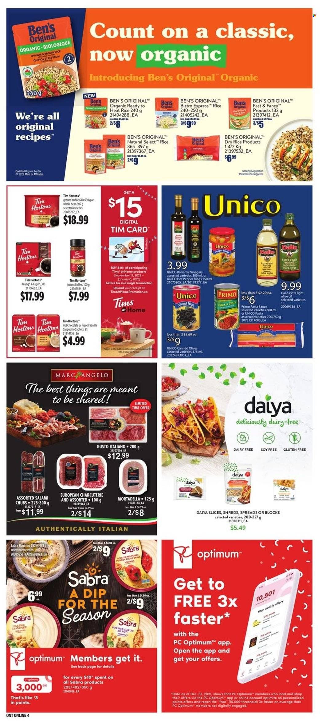thumbnail - Loblaws Flyer - December 01, 2022 - December 07, 2022 - Sales products - pasta sauce, sauce, mortadella, salami, hummus, Mars, brown rice, rice, extra virgin olive oil, olive oil, oil, hot chocolate, coffee, instant coffee, ground coffee, coffee capsules, K-Cups, Keurig, Optimum, quinoa, olives. Page 8.