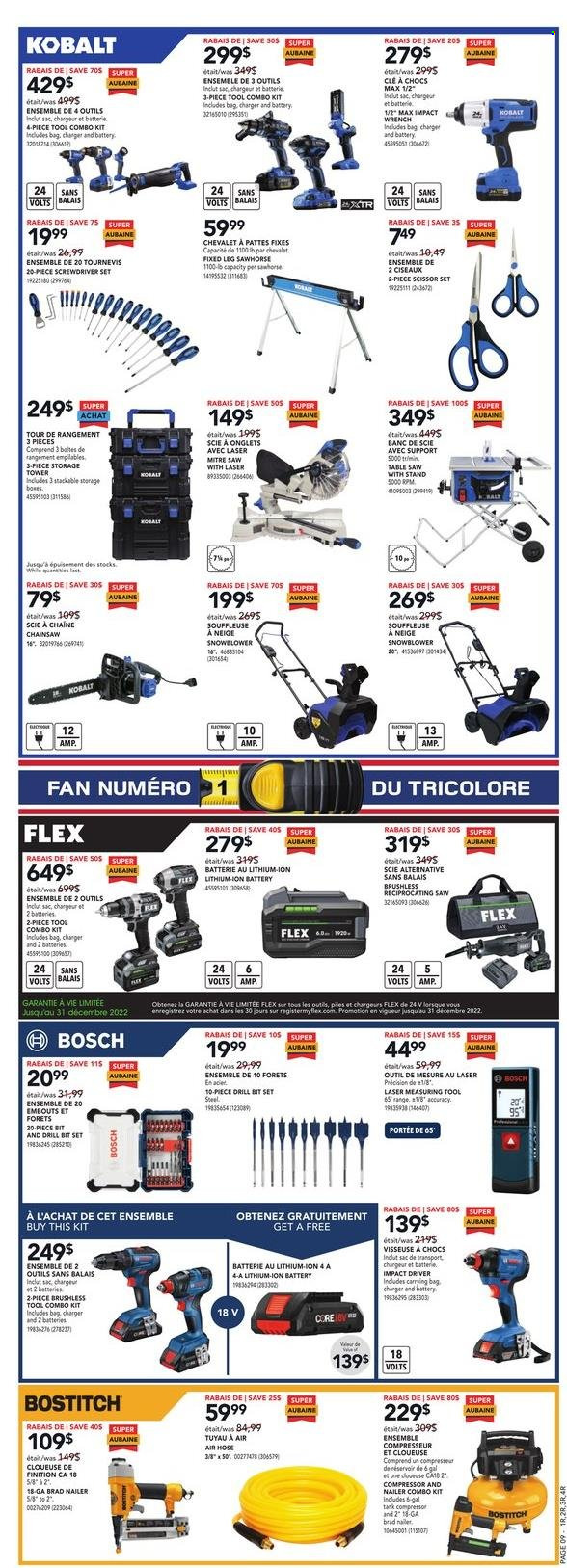 thumbnail - Réno-Dépôt Flyer - December 01, 2022 - December 07, 2022 - Sales products - Bosch, table, tank, screwdriver, impact driver, drill bit set, chain saw, saw, reciprocating saw, table saw, snow blower, combo kit, scissors, screwdriver set, air compressor, nailer, air hose. Page 9.