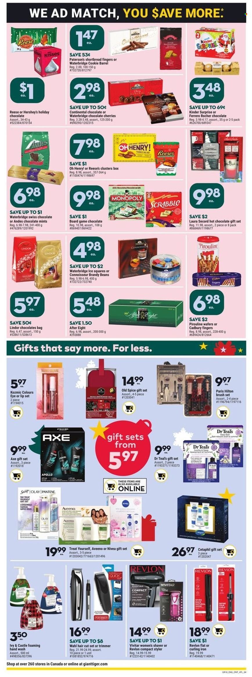 thumbnail - Giant Tiger Flyer - November 30, 2022 - December 06, 2022 - Sales products - beans, cherries, Continental, Reese's, Hershey's, gift set, wafers, Kinder Surprise, After Eight, Cadbury, spice, hot chocolate, brandy, Castle, Aveeno, Nivea, hand wash, brush set, Olay, Revlon, Axe, shaver, trimmer, brush, Vivitar, iron, curling iron, Monopoly, board game, Pantene, Old Spice, Lindor, Ferrero Rocher. Page 4.