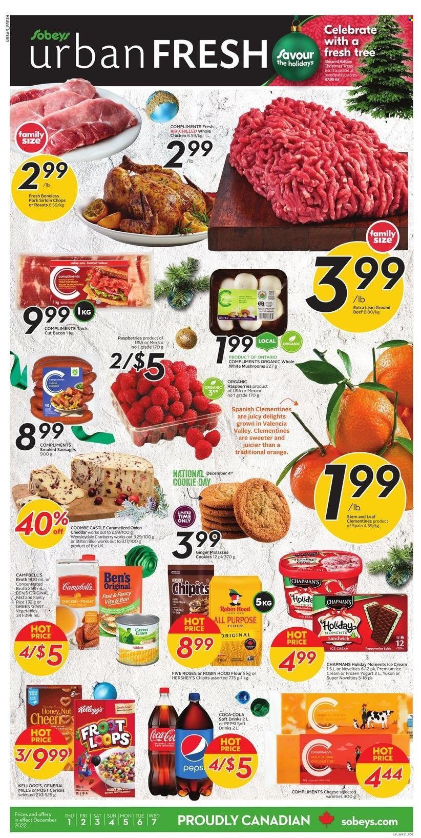 thumbnail - Sobeys Urban Fresh Flyer - December 01, 2022 - December 07, 2022 - Sales products - mushrooms, ginger, onion, clementines, oranges, Campbell's, sandwich, bacon, sausage, Stilton, Wensleydale, cheddar, cheese, yoghurt, ice cream, Hershey's, cookies, Kellogg's, all purpose flour, flour, broth, cereals, rice, molasses, Coca-Cola, Pepsi, soft drink, Castle, whole chicken, chicken, beef meat, ground beef, pork loin, Moments. Page 1.