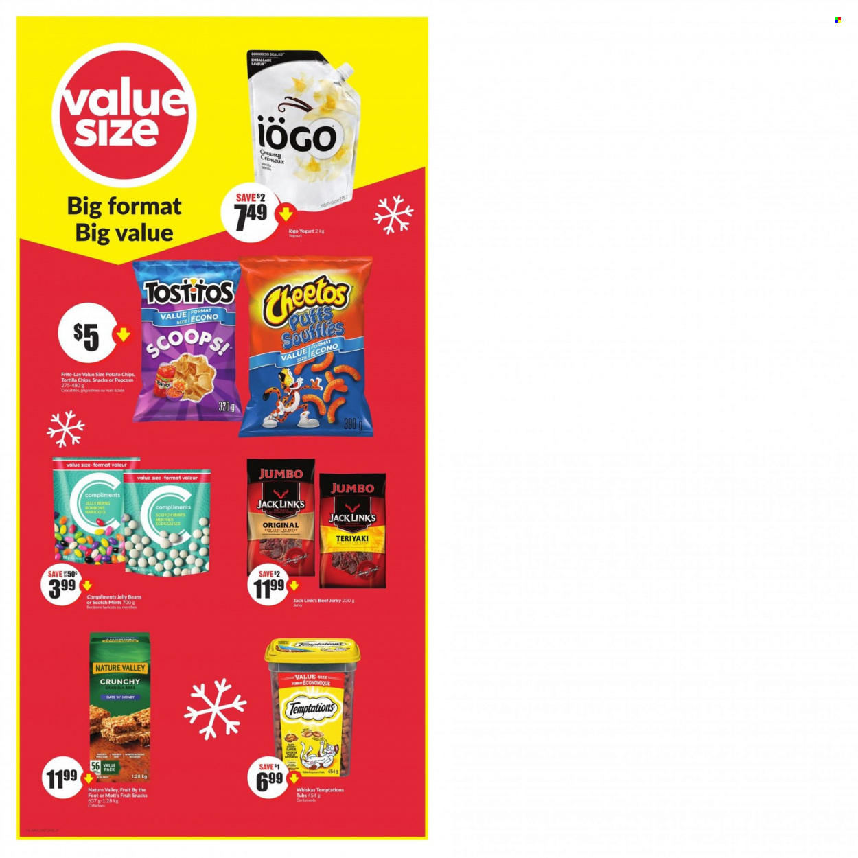 thumbnail - FreshCo. Flyer - December 01, 2022 - December 07, 2022 - Sales products - Mott's, beef jerky, jerky, yoghurt, jelly beans, fruit snack, tortilla chips, potato chips, Cheetos, chips, popcorn, Frito-Lay, Jack Link's, Nature Valley, honey, Whiskas. Page 11.