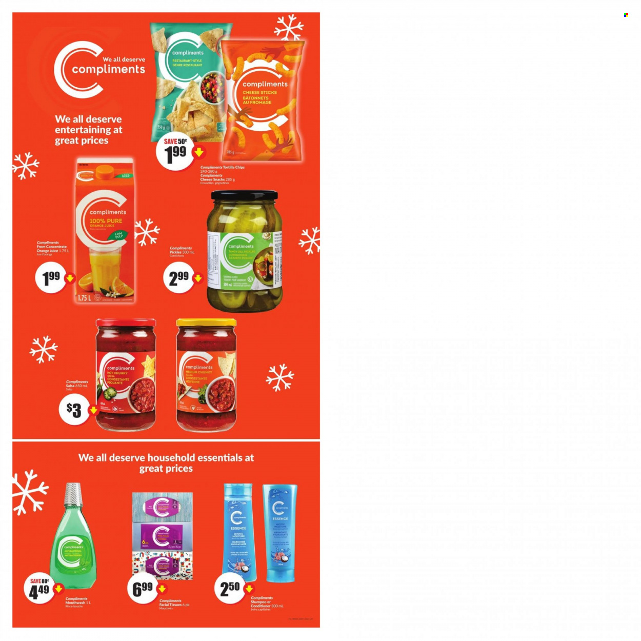 thumbnail - FreshCo. Flyer - December 01, 2022 - December 07, 2022 - Sales products - cheese, cheese sticks, tortilla chips, chips, pickles, rice, salsa, orange juice, juice, tissues, mouthwash, shampoo. Page 12.