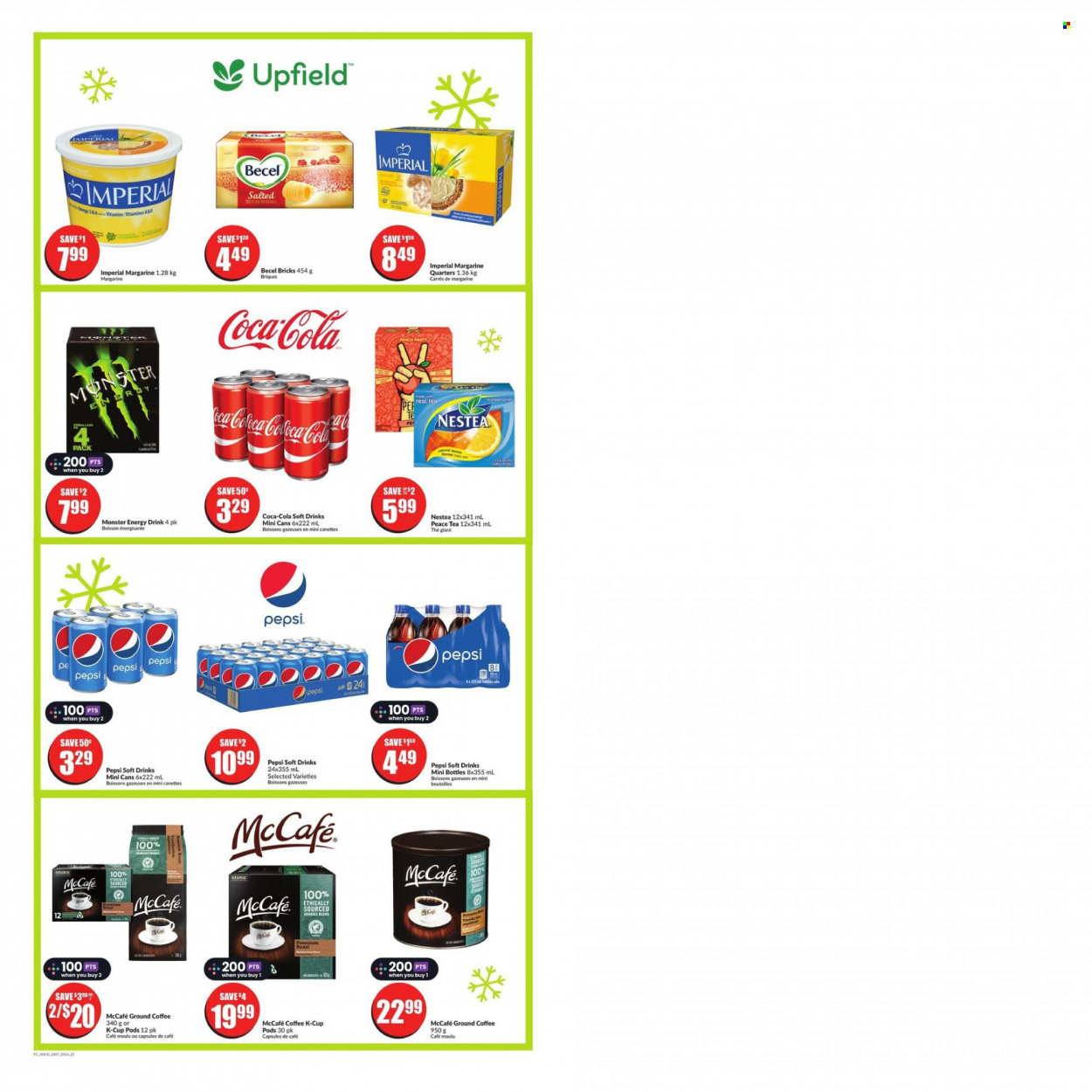 thumbnail - Chalo! FreshCo. Flyer - December 01, 2022 - December 07, 2022 - Sales products - margarine, Coca-Cola, Pepsi, energy drink, Monster, soft drink, Monster Energy, tea, coffee, ground coffee, coffee capsules, McCafe, K-Cups. Page 8.