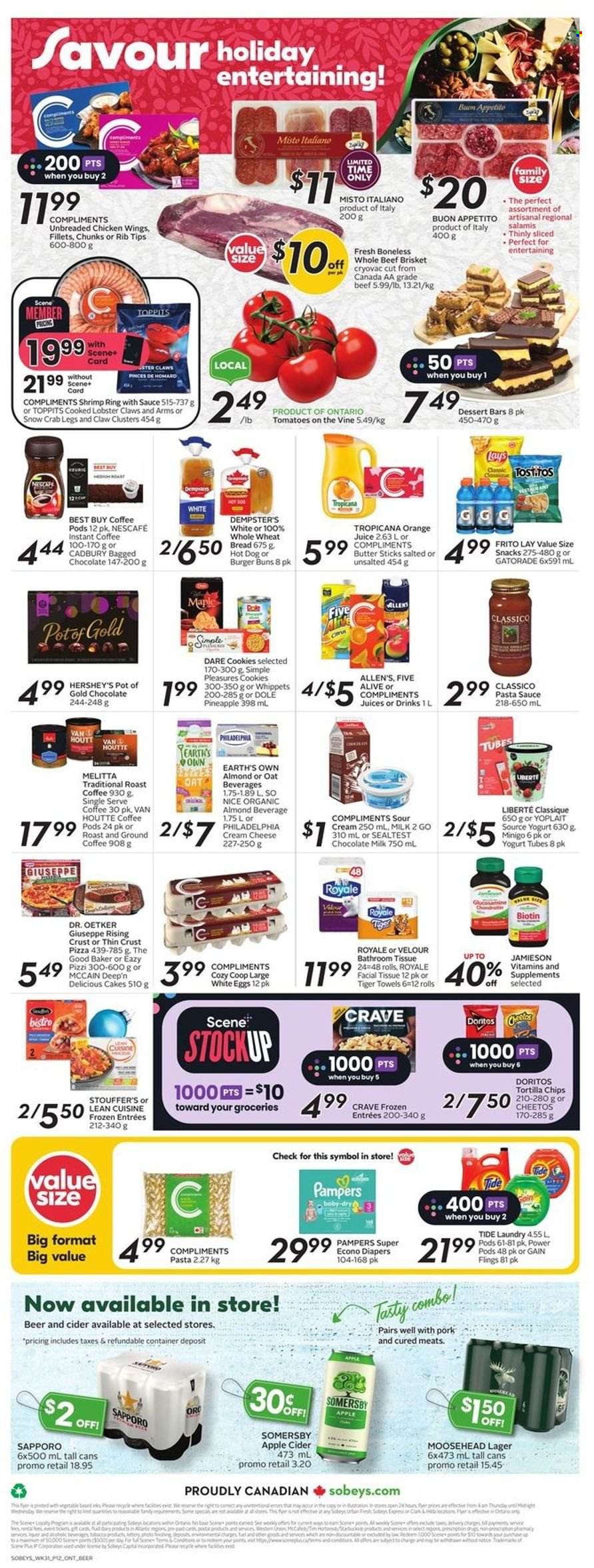 thumbnail - Sobeys Flyer - December 01, 2022 - December 07, 2022 - Sales products - wheat bread, cake, burger buns, Dole, pineapple, lobster, crab legs, crab, shrimps, hot dog, pizza, pasta sauce, Lean Cuisine, cream cheese, Dr. Oetker, yoghurt, Yoplait, milk, eggs, butter, sour cream, Hershey's, chicken wings, Stouffer's, McCain, cookies, milk chocolate, chocolate, snack, Cadbury, Doritos, tortilla chips, Cheetos, Lay’s, Tostitos, Classico, orange juice, juice, Gatorade, coffee, coffee pods, instant coffee, ground coffee, So Nice, apple cider, cider, beer, Lager, beef meat, beef brisket, nappies, bath tissue, Gain, Tide, pot, container, Biotin, glucosamine, Philadelphia, Pampers, Nescafé. Page 2.