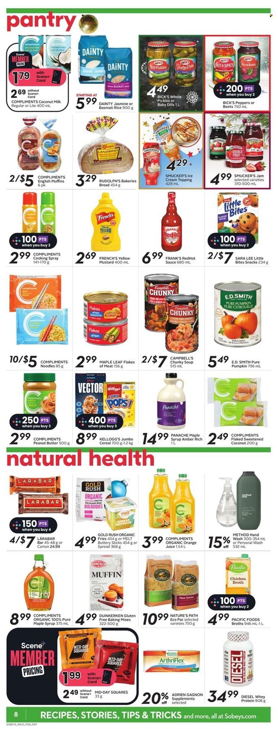 thumbnail - Sobeys Flyer - December 01, 2022 - December 07, 2022 - Sales products - bread, english muffins, Sara Lee, pumpkin, peppers, Campbell's, soup, sauce, noodles, ham, ice cream, chicken corn, potato fries, snack, Kellogg's, Little Bites, chicken broth, topping, broth, baking mix, coconut milk, pickles, cereals, Corn Pops, basmati rice, rice, mustard, cooking spray, maple syrup, fruit jam, peanut butter, syrup, orange juice, juice, hand wash, whey protein. Page 10.