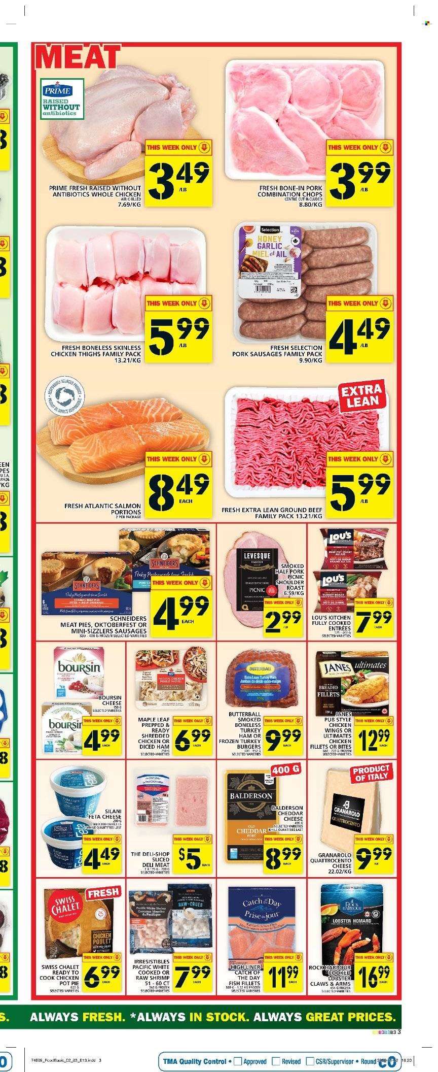 thumbnail - Food Basics Flyer - December 01, 2022 - December 07, 2022 - Sales products - pie, pot pie, garlic, fish fillets, lobster, salmon, fish, shrimps, hamburger, turkey roast, Butterball, ham, sausage, cheddar, cheese, feta, honey, whole chicken, whole turkey, chicken thighs, chicken, turkey, beef meat, ground beef, turkey burger, pot, Dell. Page 5.