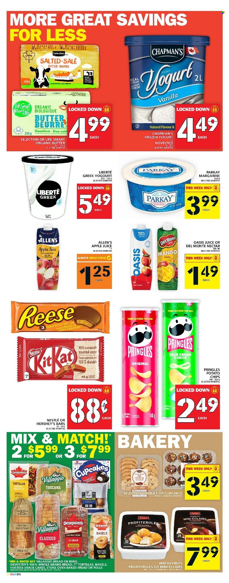 thumbnail - Food Basics Flyer - December 01, 2022 - December 07, 2022 - Sales products - bagels, tortillas, cake, buns, cupcake, yoghurt, margarine, Hershey's, cookies, chocolate, snack, peanut butter cups, potato chips, Pringles, Del Monte, Classico, apple juice, juice, Nestlé. Page 7.