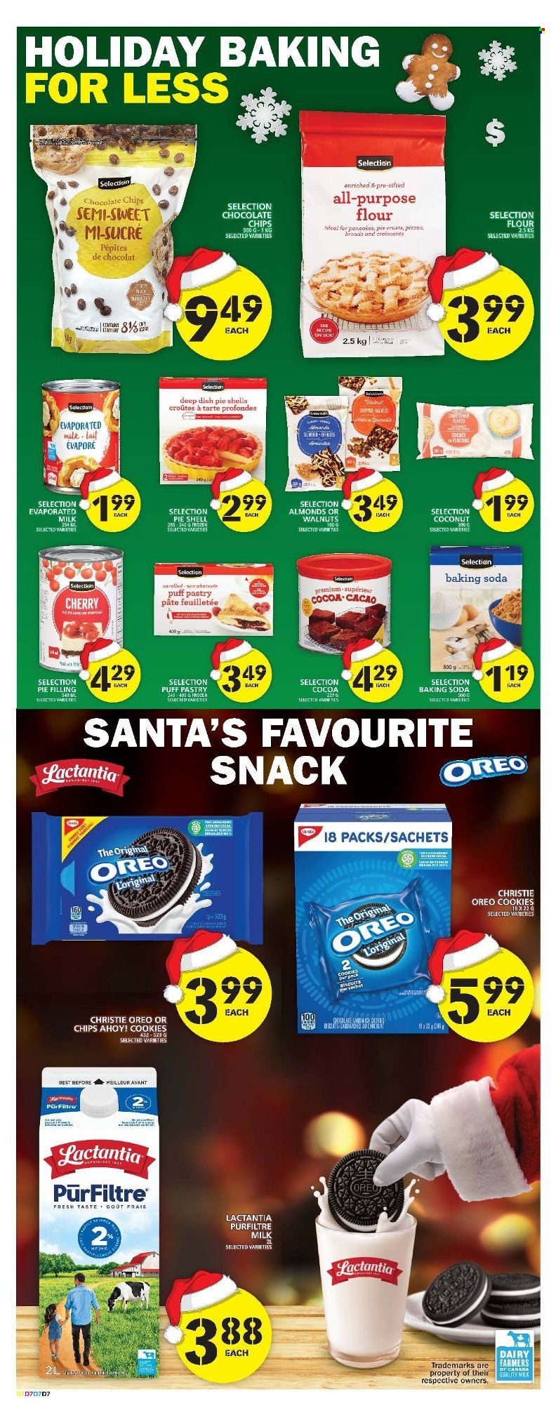 thumbnail - Food Basics Flyer - December 01, 2022 - December 07, 2022 - Sales products - cherries, coconut, pizza, pancakes, evaporated milk, puff pastry, cookies, snack, biscuit, Santa, Chips Ahoy!, bicarbonate of soda, cocoa, flour, pie filling, almonds, walnuts. Page 9.