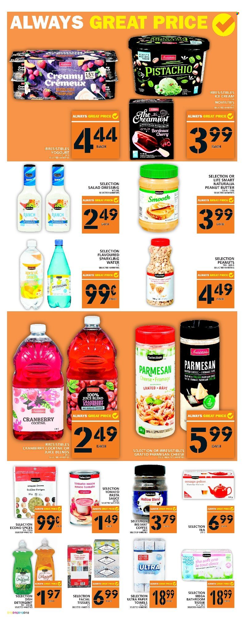 thumbnail - Food Basics Flyer - December 01, 2022 - December 07, 2022 - Sales products - cherries, oranges, pasta sauce, sauce, parmesan, grated cheese, ice cream, tomato sauce, salad dressing, dressing, peanut butter, peanuts, juice, sparkling water, coffee, instant coffee, bath tissue, kitchen towels, paper towels, dishwasher cleaner, facial tissues, detergent. Page 12.