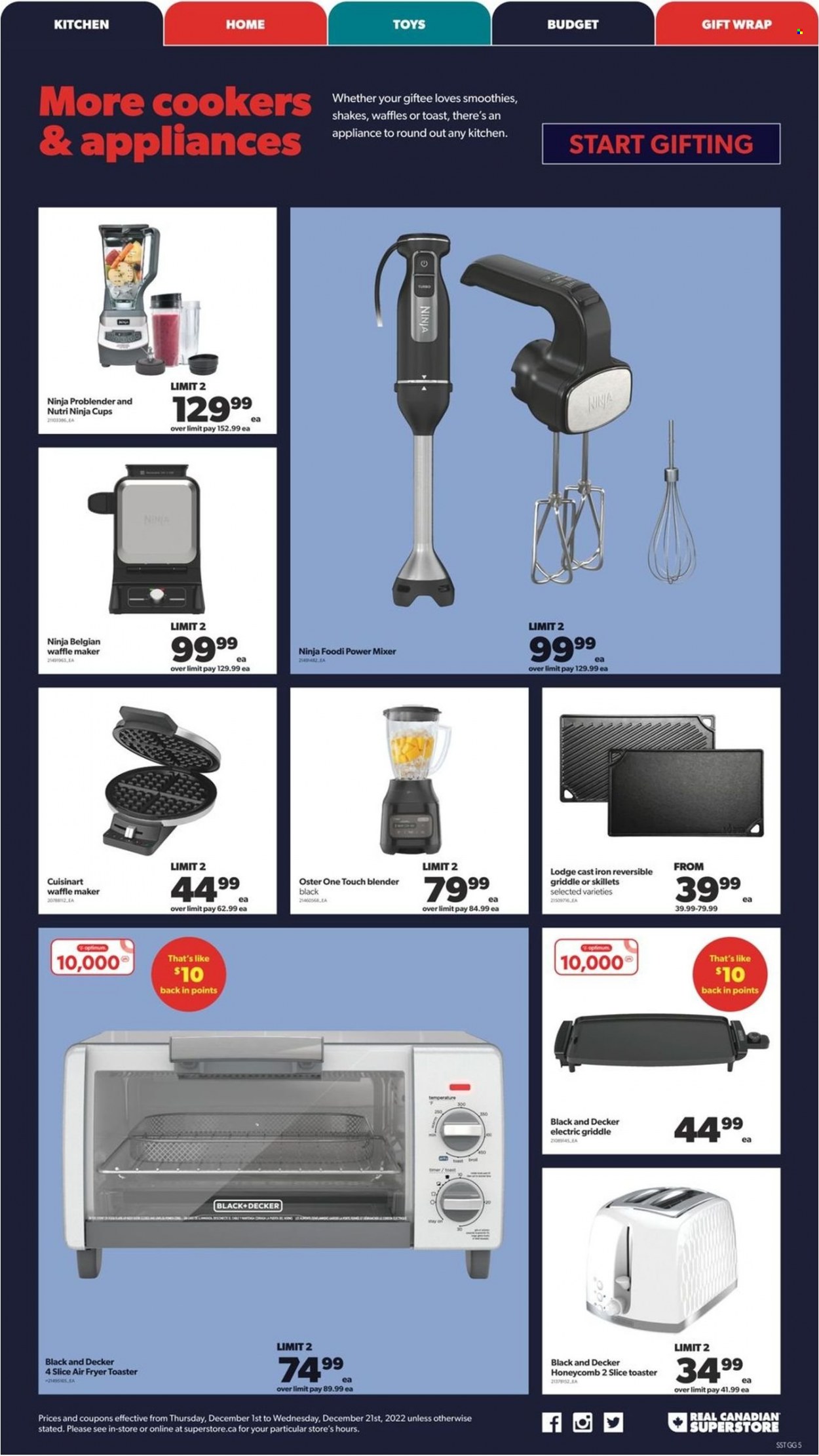 thumbnail - Real Canadian Superstore Flyer - December 01, 2022 - December 21, 2022 - Sales products - waffles, shake, cup, Cuisinart, gift wrap, Optimum, Black & Decker, mixer, air fryer, waffle maker, toys, blender, toaster. Page 5.