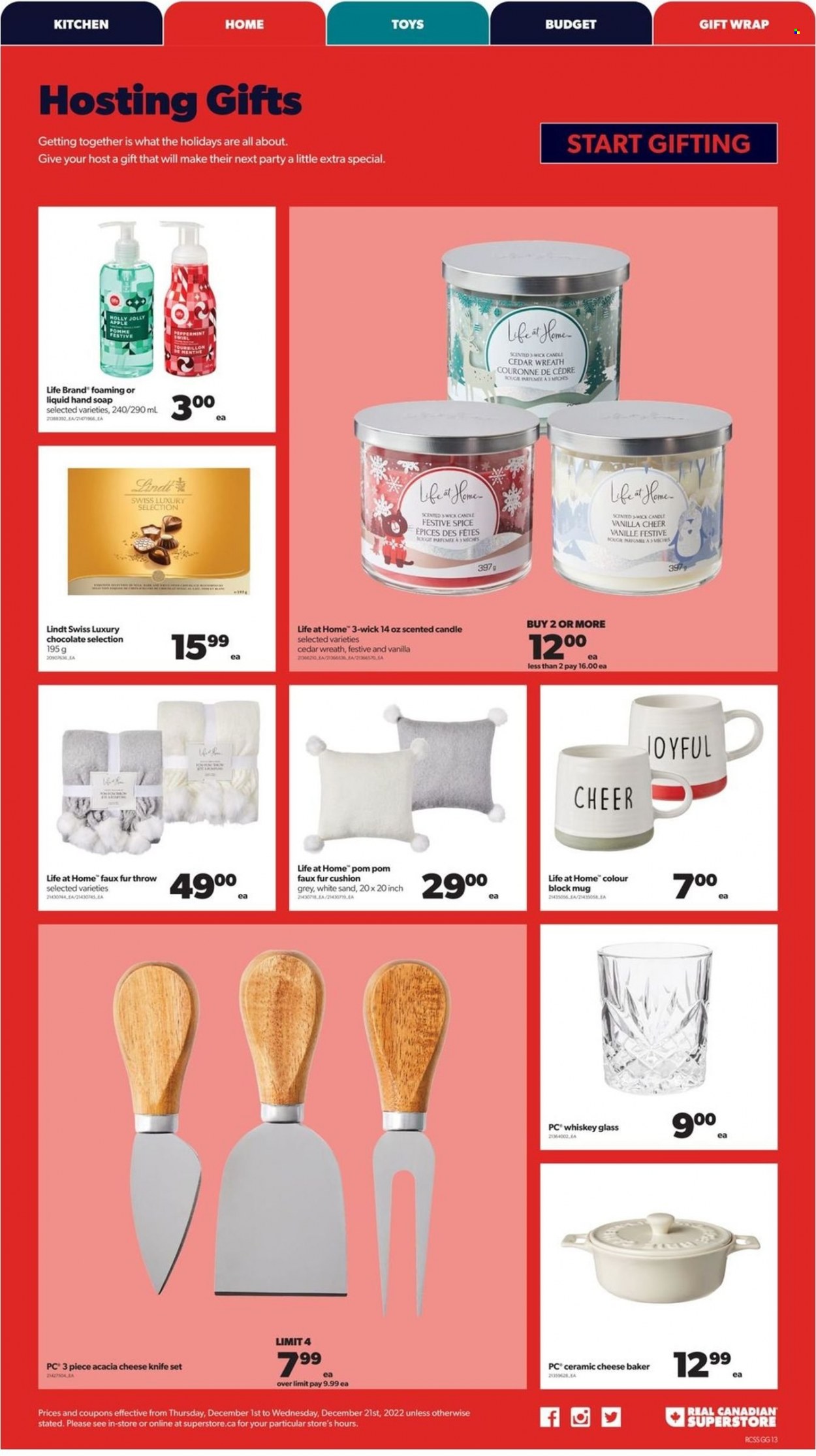 thumbnail - Real Canadian Superstore Flyer - December 01, 2022 - December 21, 2022 - Sales products - cheese, chocolate, spice, whiskey, whisky, hand soap, soap, knife, mug, gift wrap, candle, cushion, wreath, toys, Lindt. Page 13.