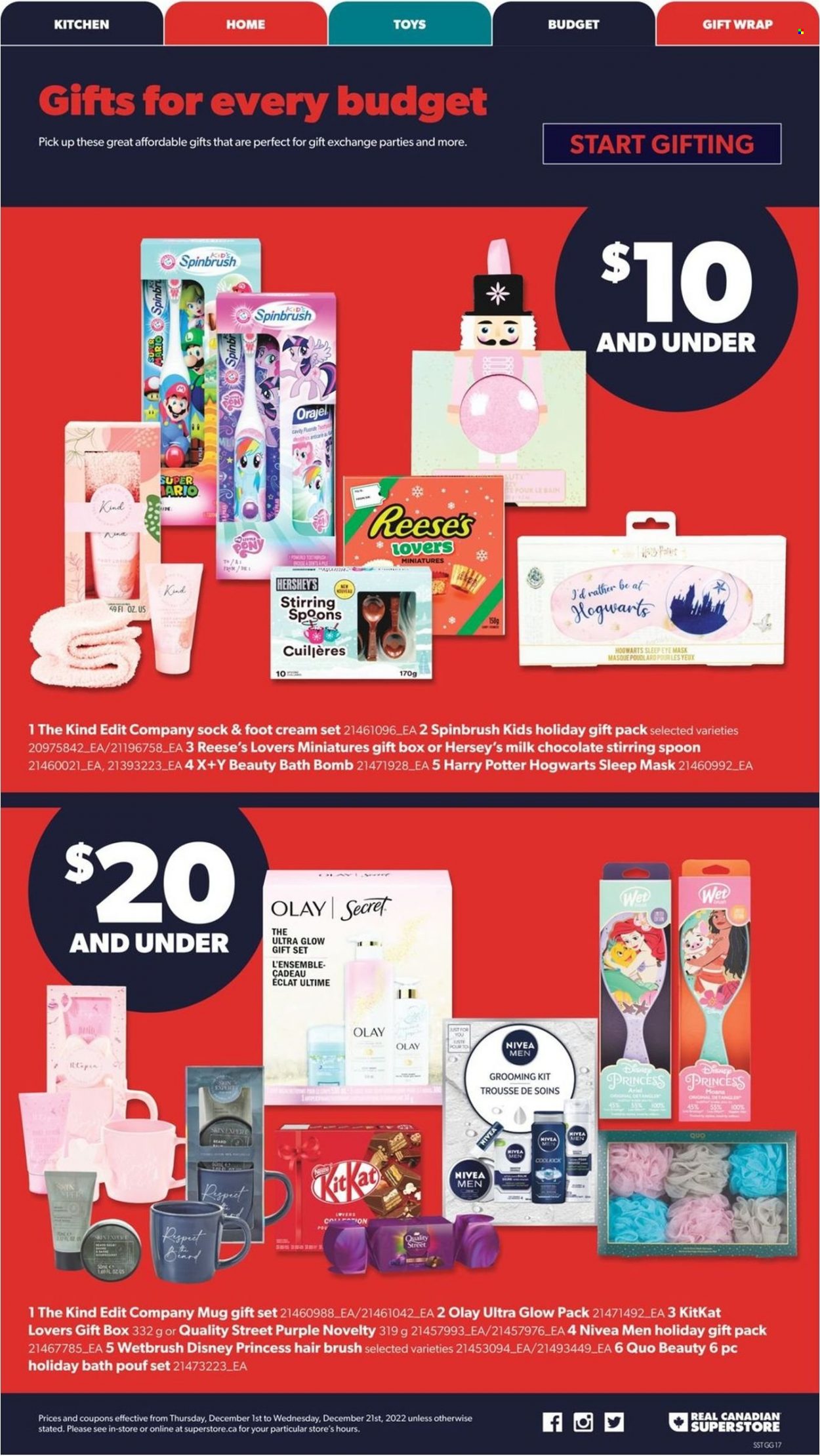 thumbnail - Real Canadian Superstore Flyer - December 01, 2022 - December 21, 2022 - Sales products - Sony, Disney, Reese's, Hershey's, gift set, milk chocolate, chocolate, KitKat, Nivea, bath bomb, Olay, hair brush, Eclat, gift box, mug, spoon, Harry Potter, gift wrap, Hogwarts, toys, princess. Page 17.